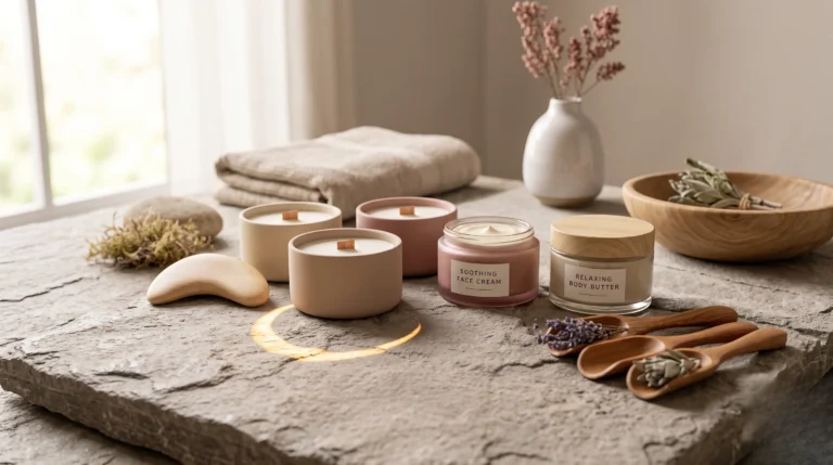 Coffret de soins bien-être disposé dans un espace spa épuré.