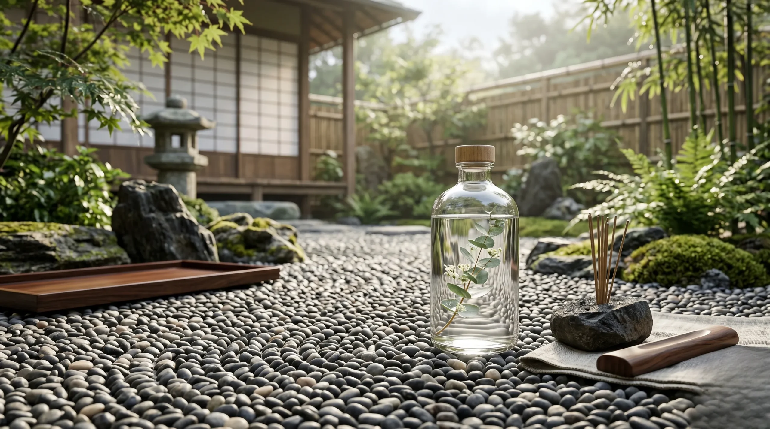 Ambiance zen et apaisante suggérant la gestion du cortisol par des méthodes naturelles. Complément alimentaire pour baisser le cortisol