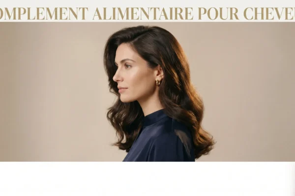 Portrait éditorial mettant en avant des cheveux en parfaite santé grâce aux compléments alimentaires.