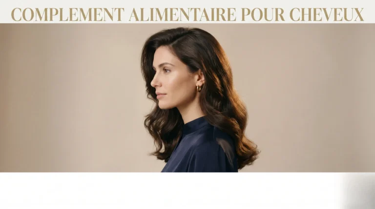 Portrait éditorial mettant en avant des cheveux en parfaite santé grâce aux compléments alimentaires.