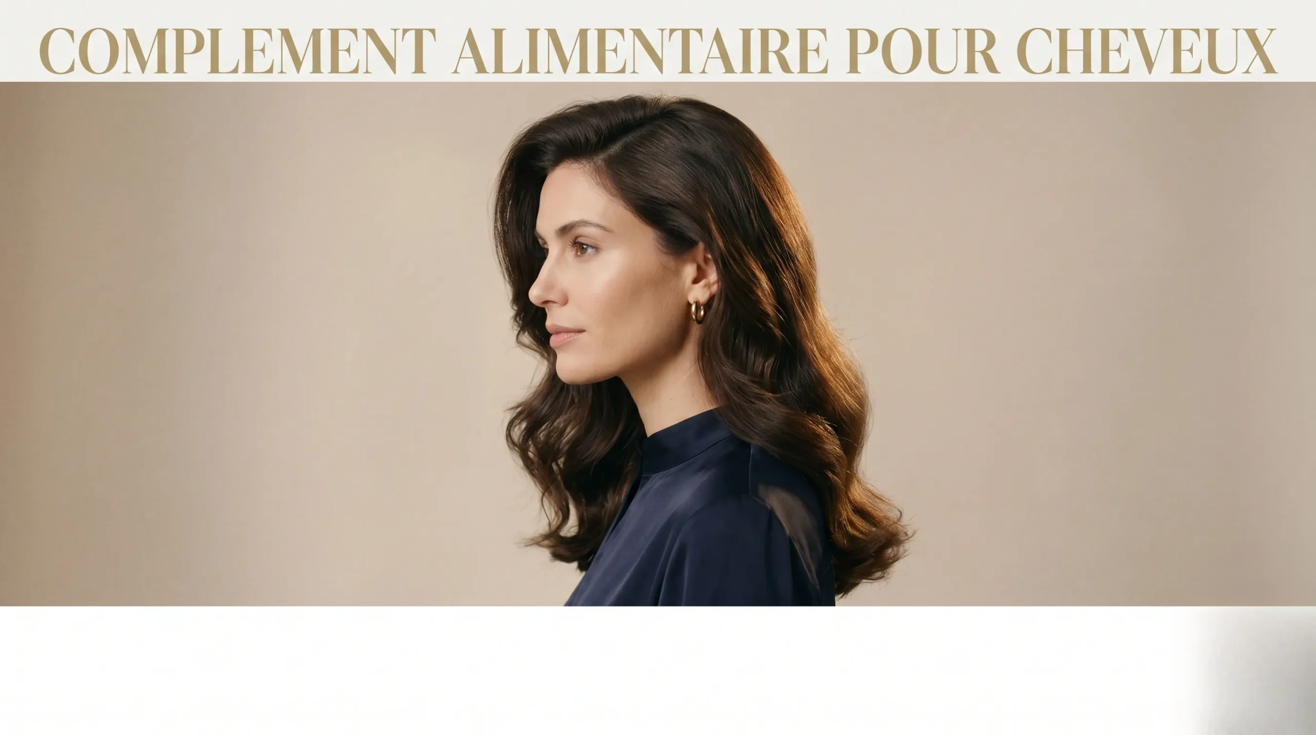 Portrait éditorial mettant en avant des cheveux en parfaite santé grâce aux compléments alimentaires.