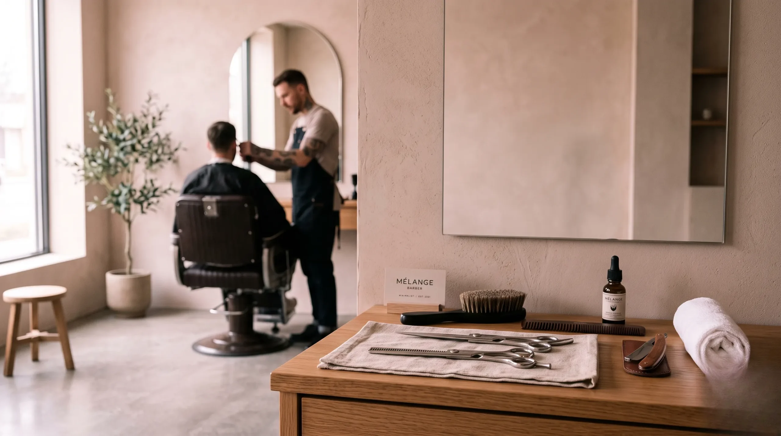 Ambiance minimaliste chez le barbier pour une coupe dégradée élégante.