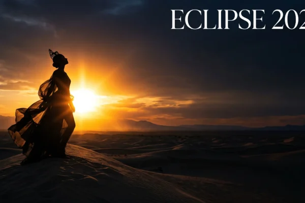 Image éditoriale de mode illustrant l'éclipse solaire 2026 avec espace pour texte.