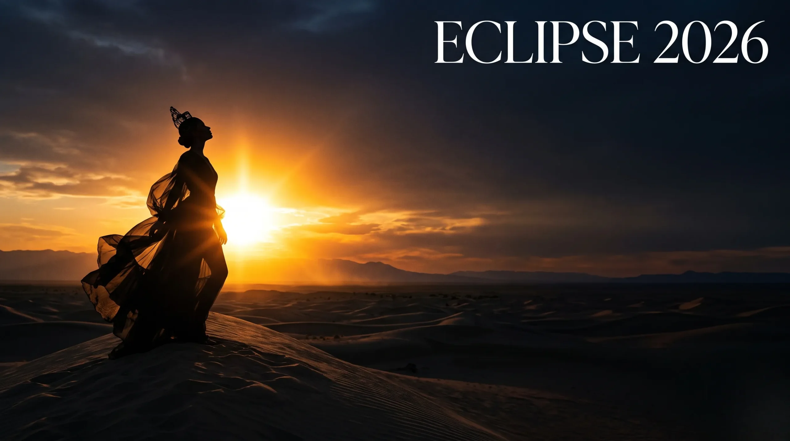 Image éditoriale de mode illustrant l'éclipse solaire 2026 avec espace pour texte.