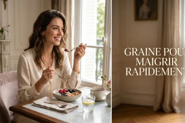 Une femme élégante savourant un petit-déjeuner sain, illustration éditoriale pour un article sur la perte de poids.