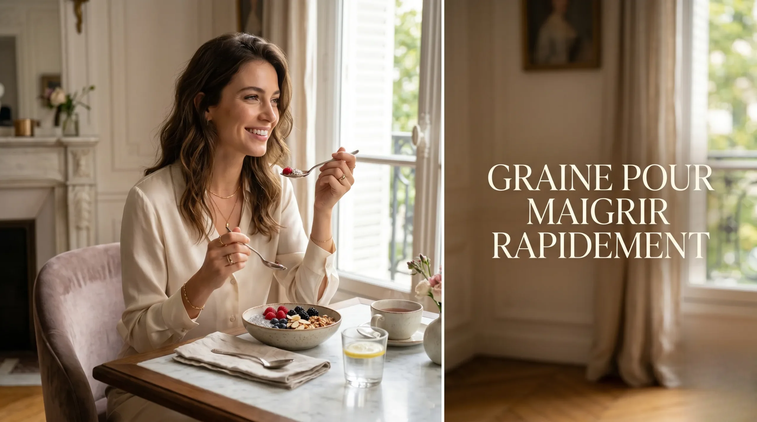 Une femme élégante savourant un petit-déjeuner sain, illustration éditoriale pour un article sur la perte de poids.