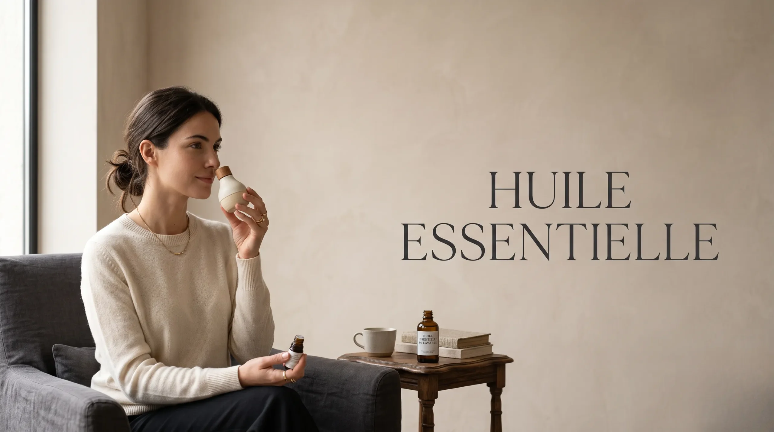Image de style de vie haut de gamme pour des huiles essentielles en inhalateur.