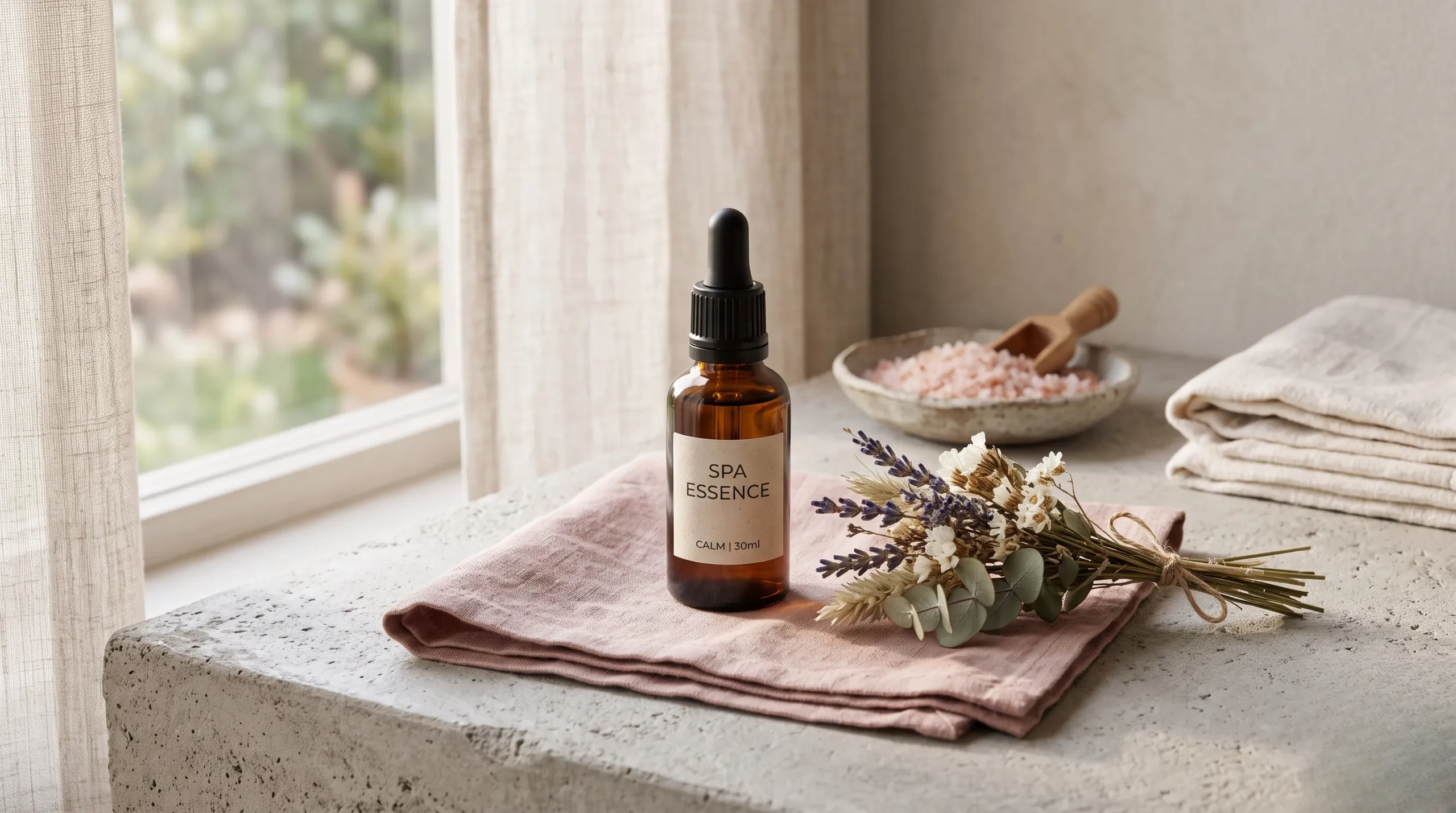Bouteille d'huile essentielle présentée dans un cadre spa luxueux.
