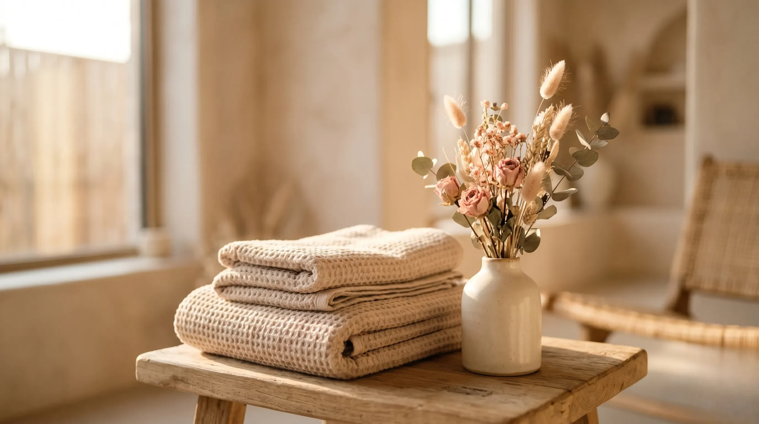 Atmosphère de spa minimaliste et apaisante avec des tons beiges pour soulager les inflammations liées à la goutte. La goute maladie