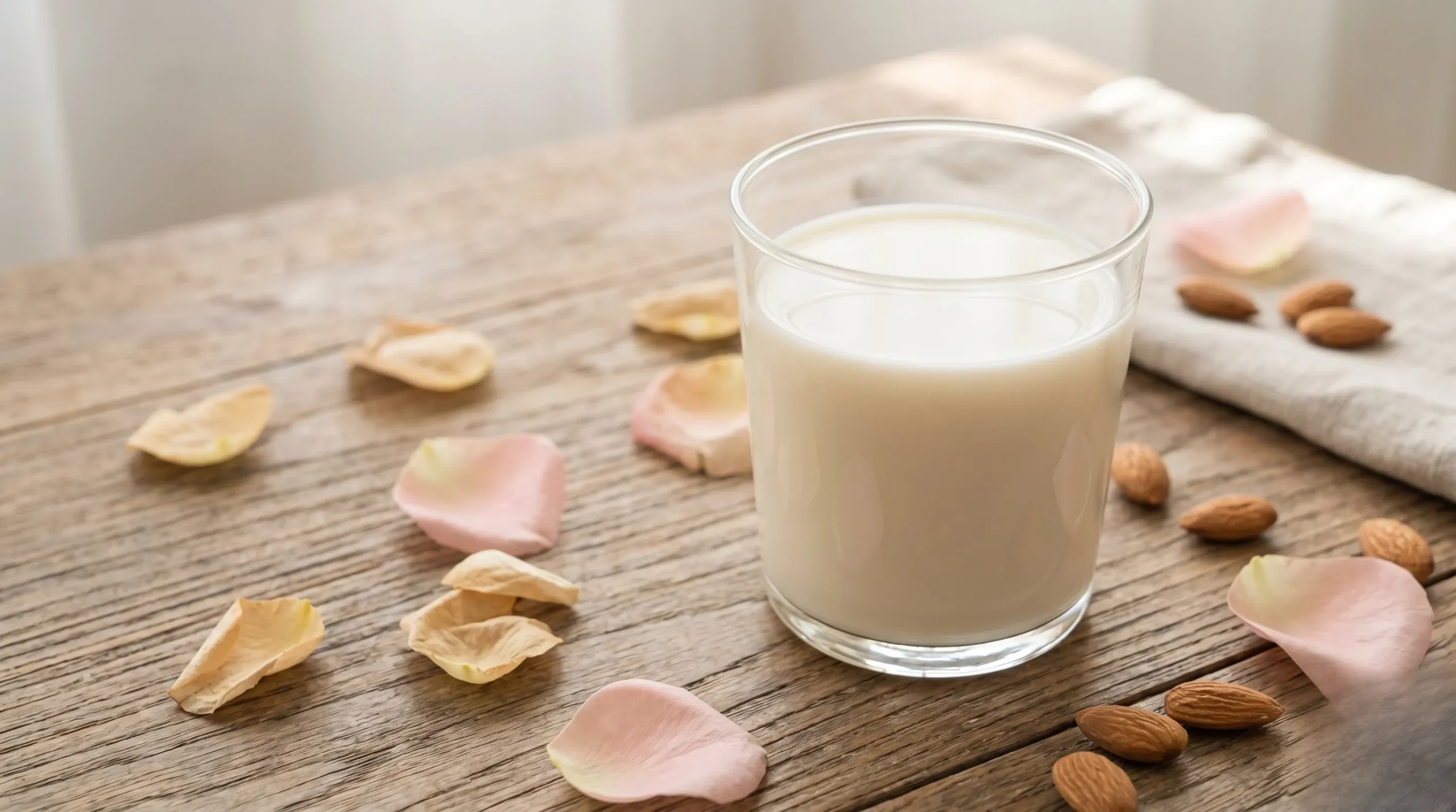 Mise en scène culinaire minimaliste et saine, lait végétal dans un environnement épuré. Lait sans lactose danger