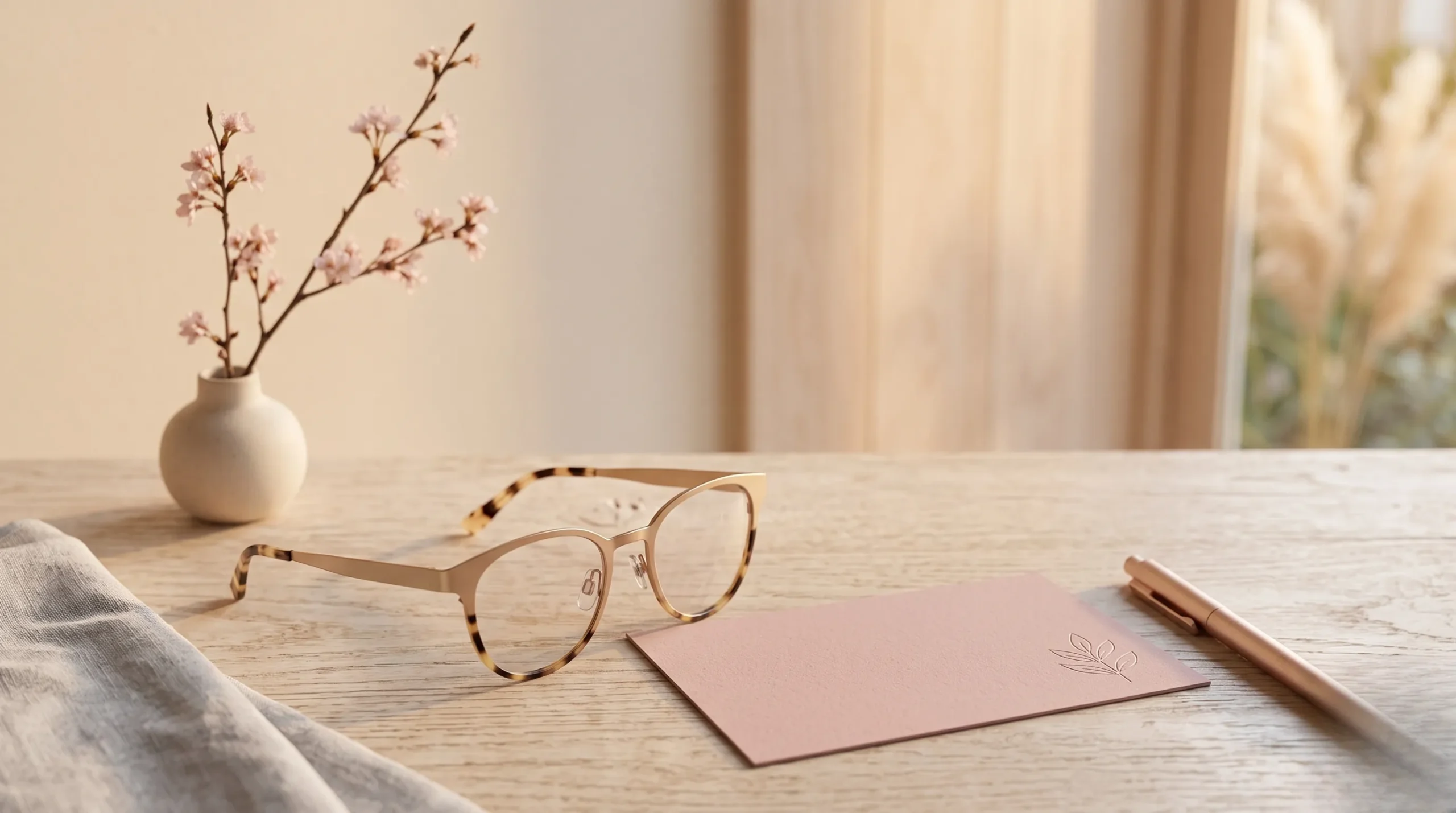 Lunettes élégantes posées sur une table en bois clair pour une ambiance sophistiquée.