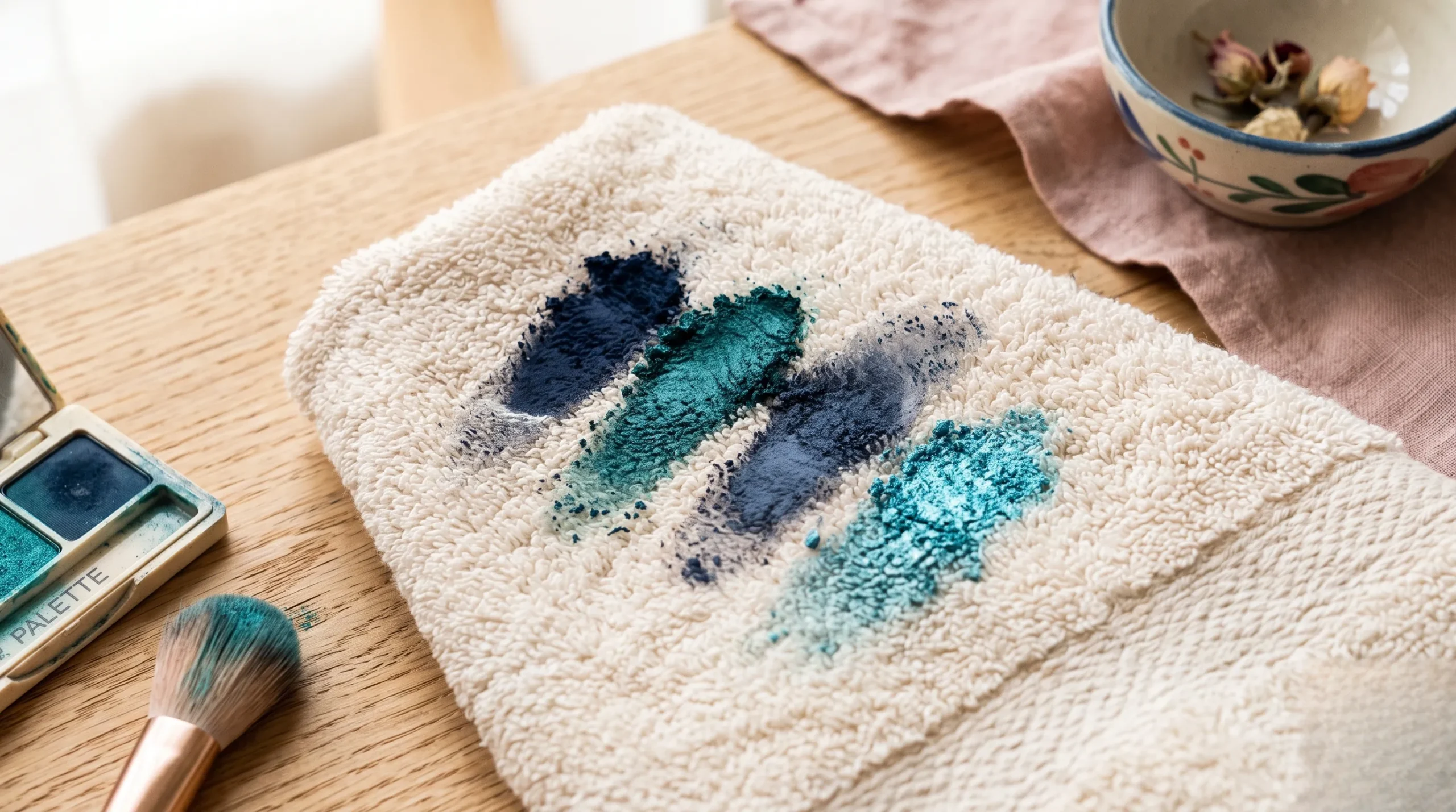 Palette de maquillage bleu vert présentée de manière minimaliste et luxueuse.