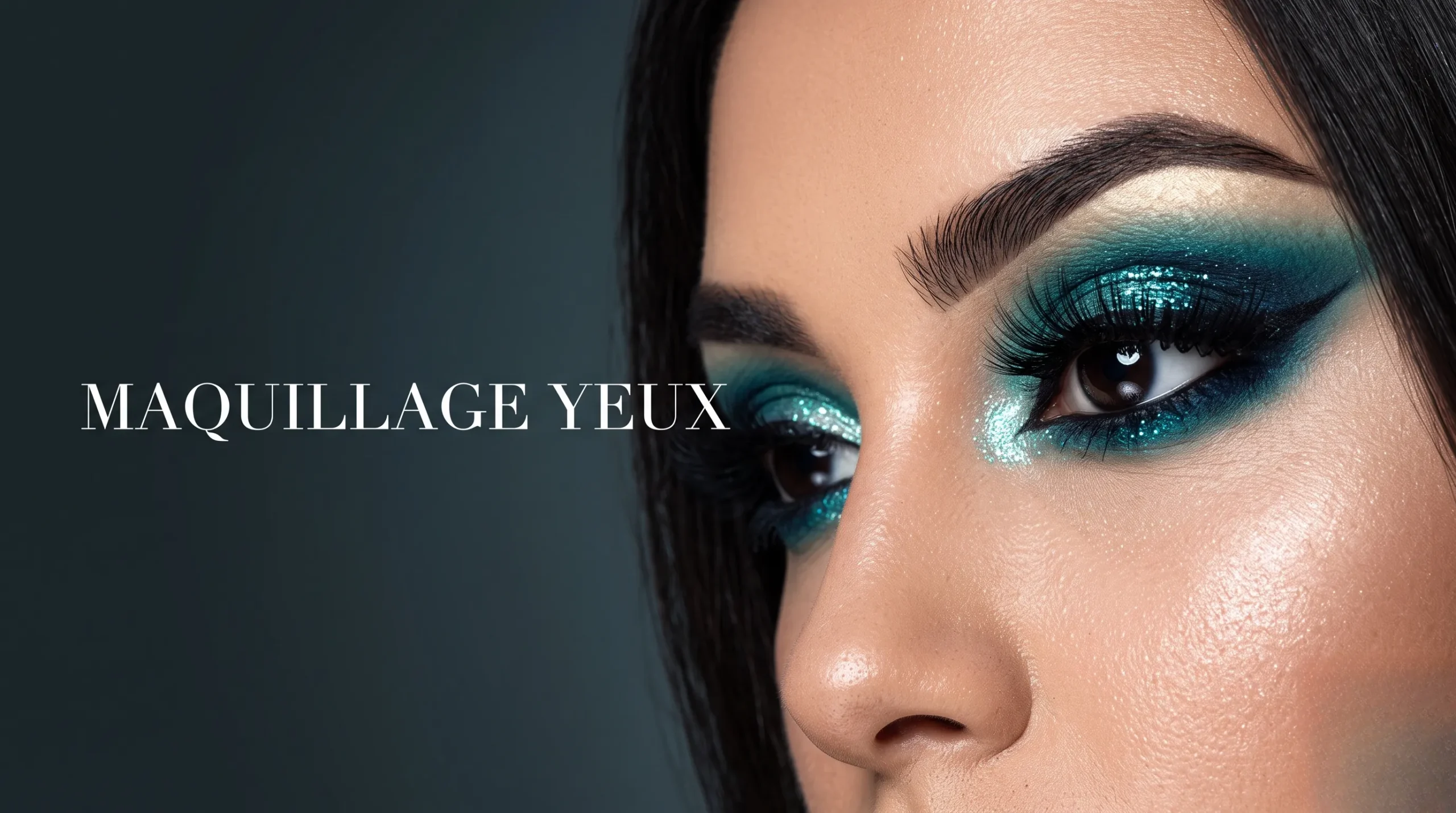Gros plan sur un maquillage des yeux bleu vert éclatant pour un look éditorial.