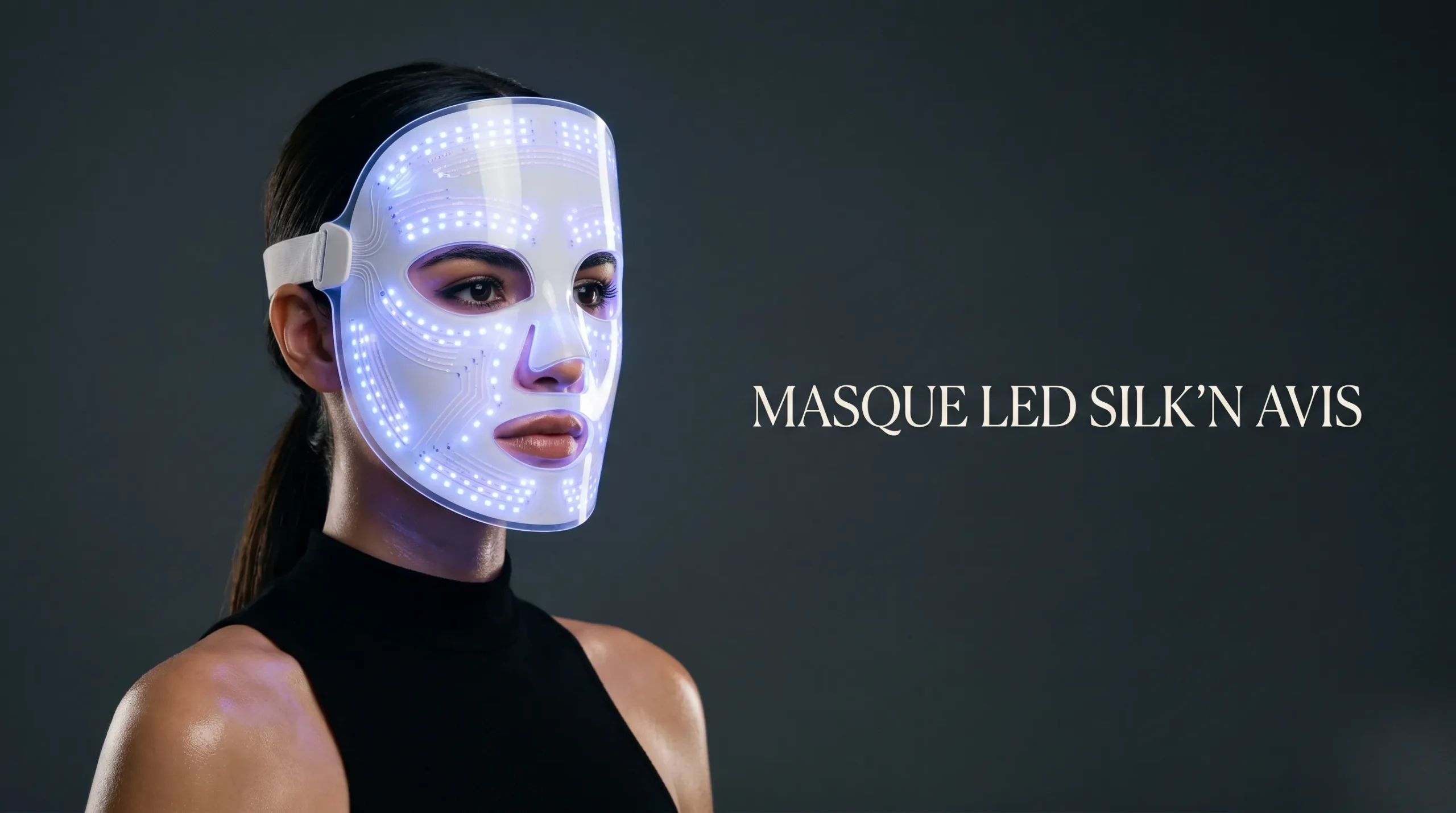 Photographie éditoriale montrant l'efficacité d'un masque LED pour une peau jeune.