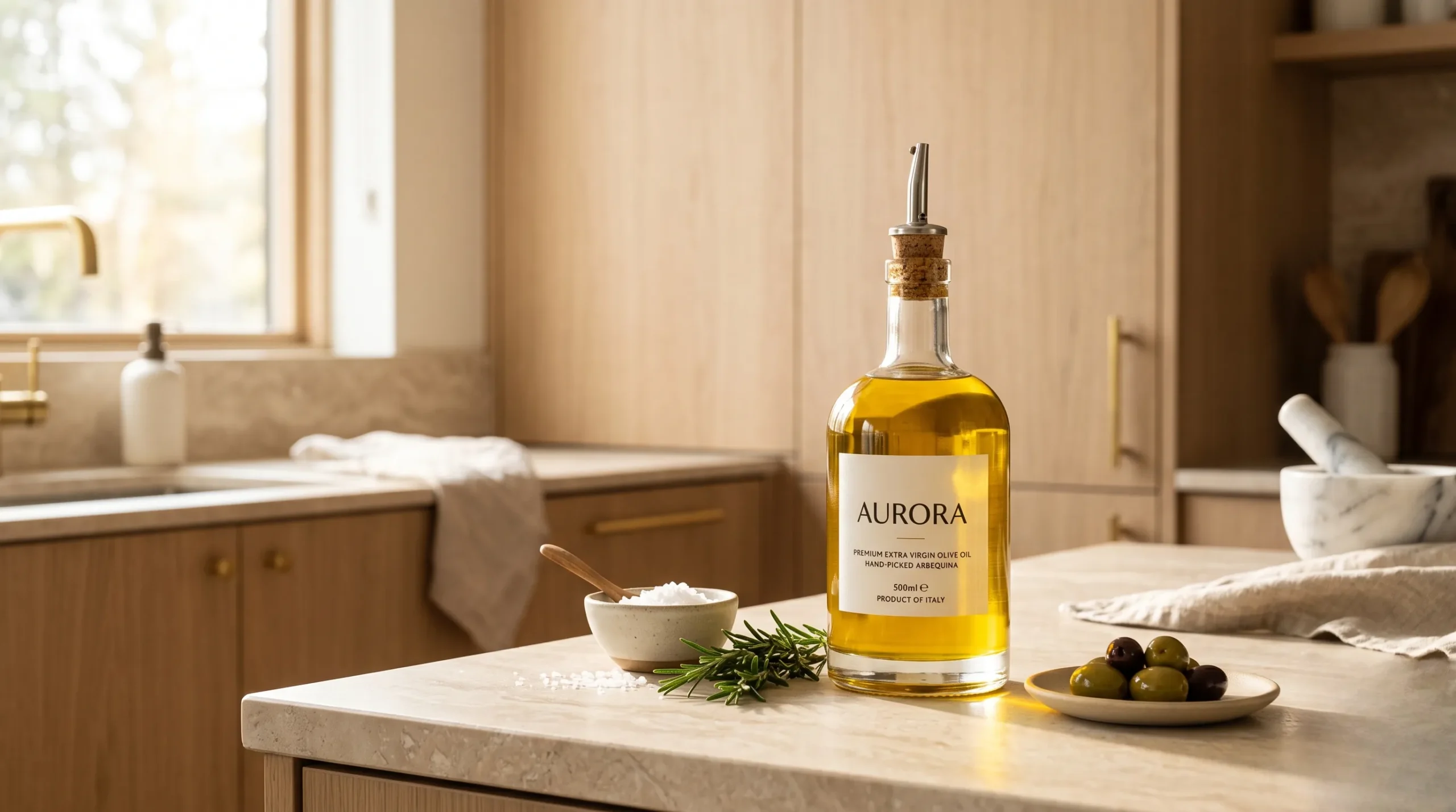 Bouteille d'huile d'olive de luxe dans un intérieur minimaliste Top 10 meilleur huile d'olive