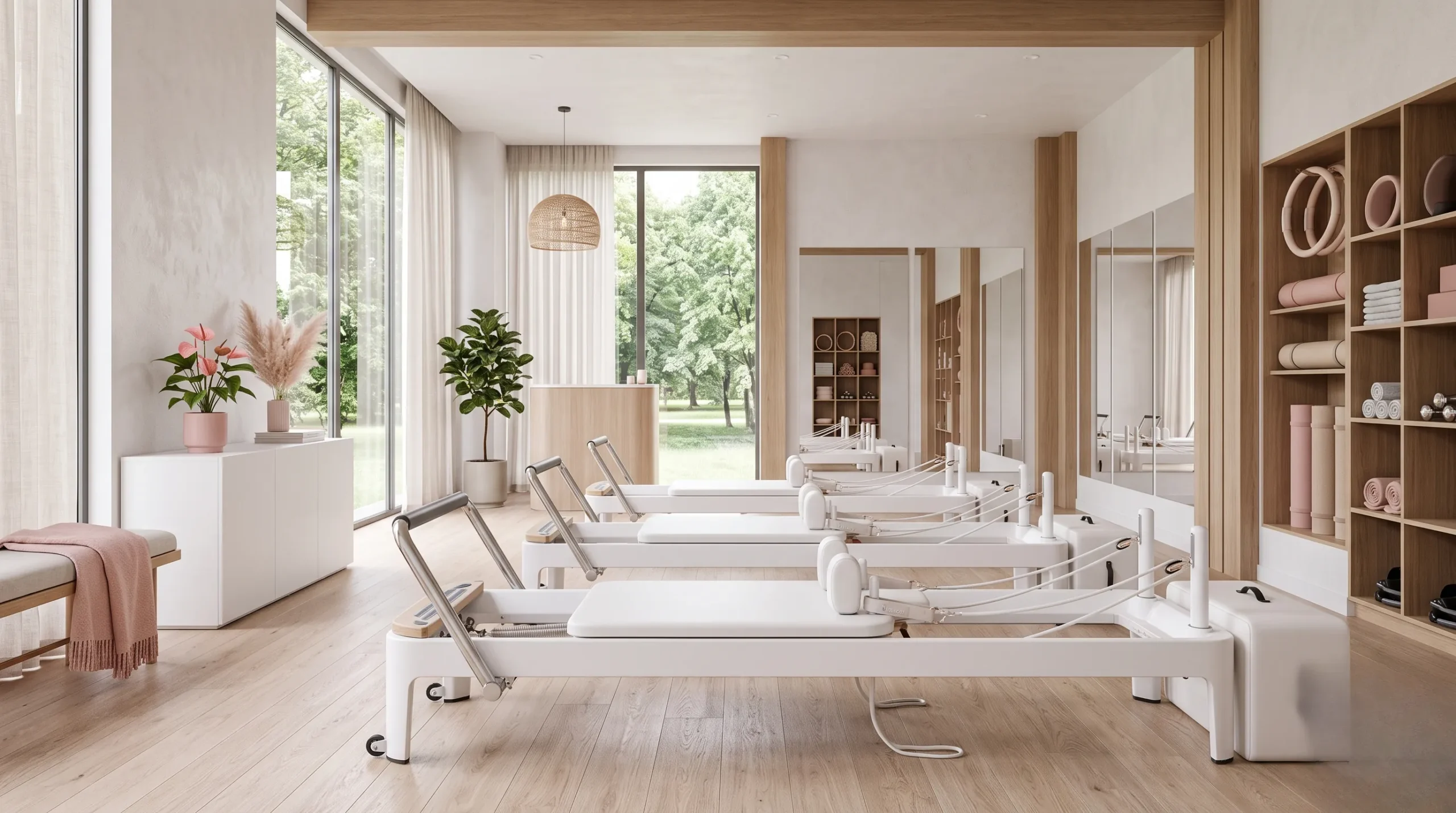 Appareil de pilates reformer dans un studio de luxe épuré Pilate reformer