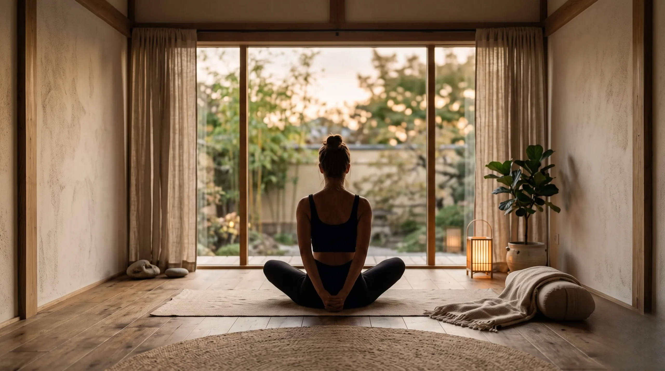 Silhouette zen dans une position de yoga pour illustrer le bien-être et la souplesse. Position du papillon