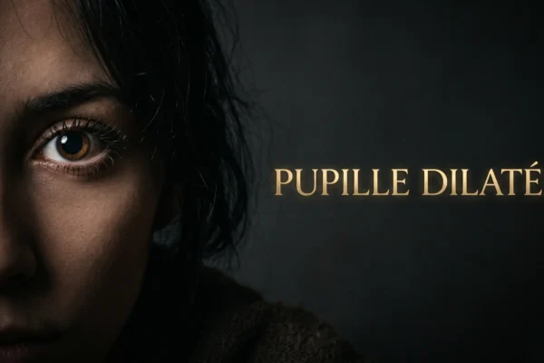 Portrait éditorial avec un éclairage dramatique focalisé sur le regard pour illustrer la dilatation pupillaire.