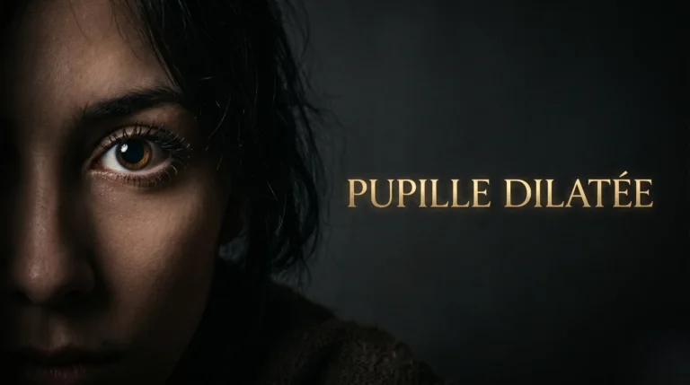 Portrait éditorial avec un éclairage dramatique focalisé sur le regard pour illustrer la dilatation pupillaire.