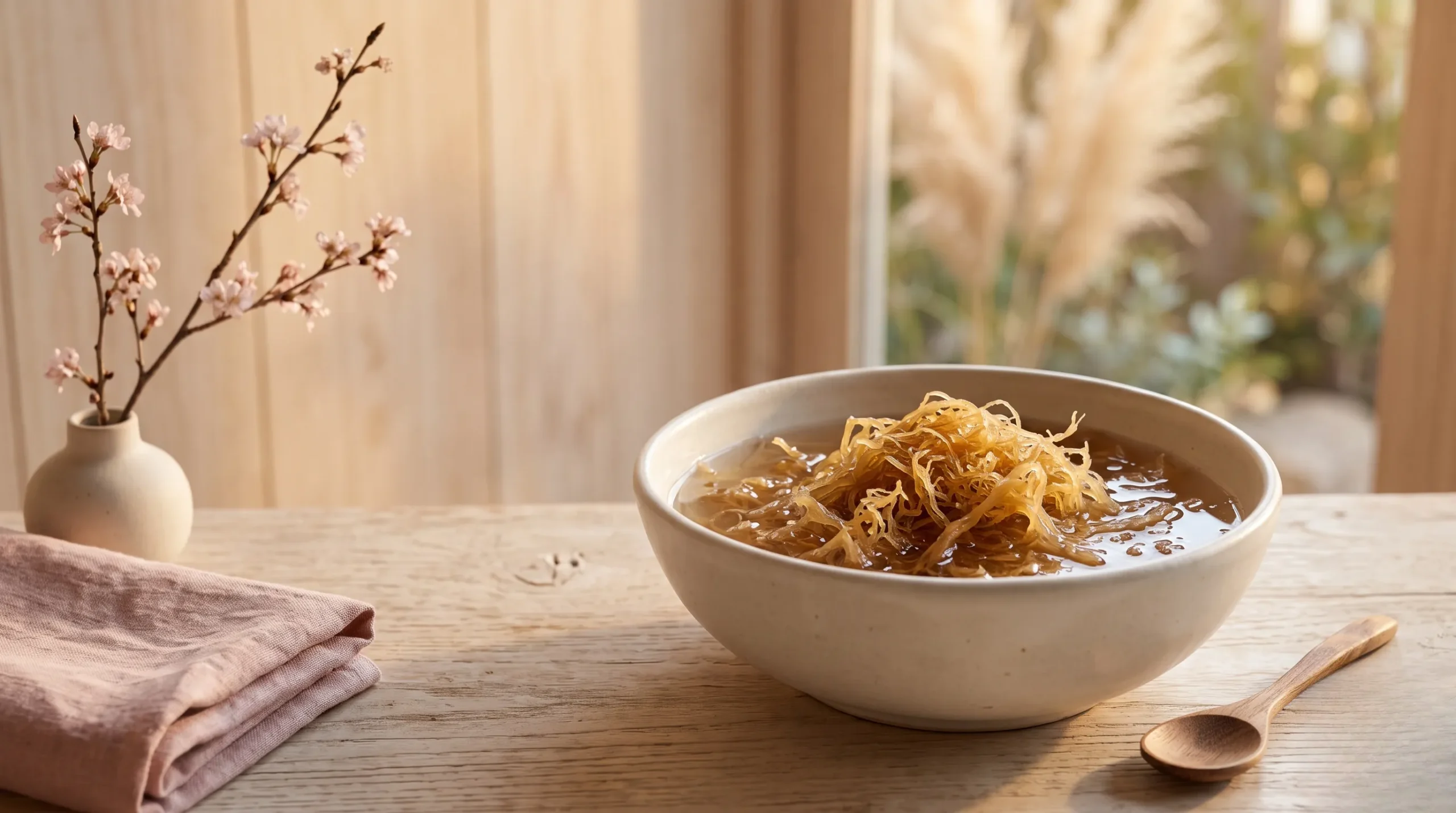 Bol minimaliste contenant du sea moss biologique pour une routine beauté spa. Sea moss