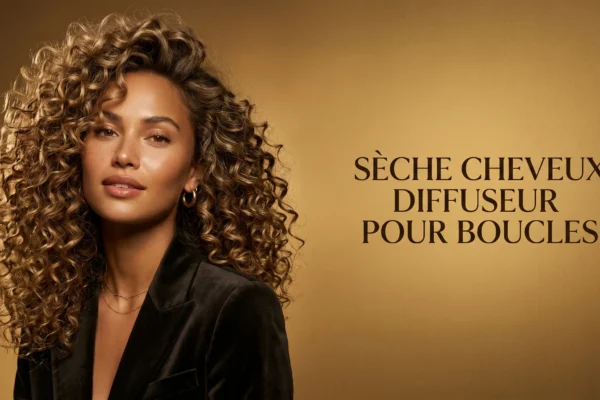 Coiffure bouclée volumineuse sublimée par un éclairage de studio professionnel.