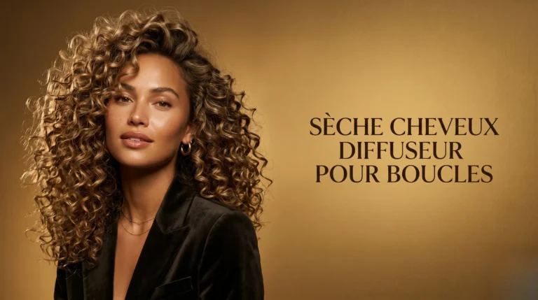 Coiffure bouclée volumineuse sublimée par un éclairage de studio professionnel.