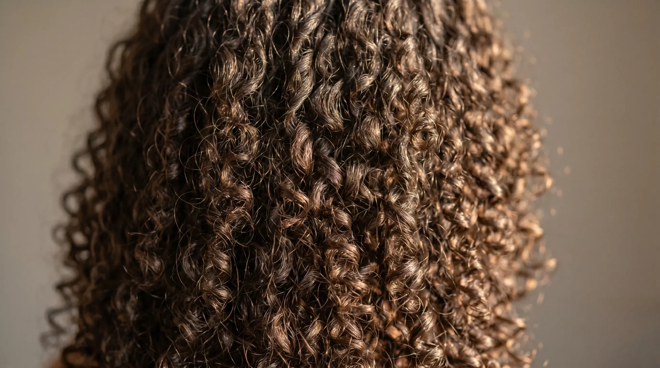 Texture magnifique de cheveux bouclés sous une lumière douce et naturelle. Seche cheveux diffuseur pour boucles