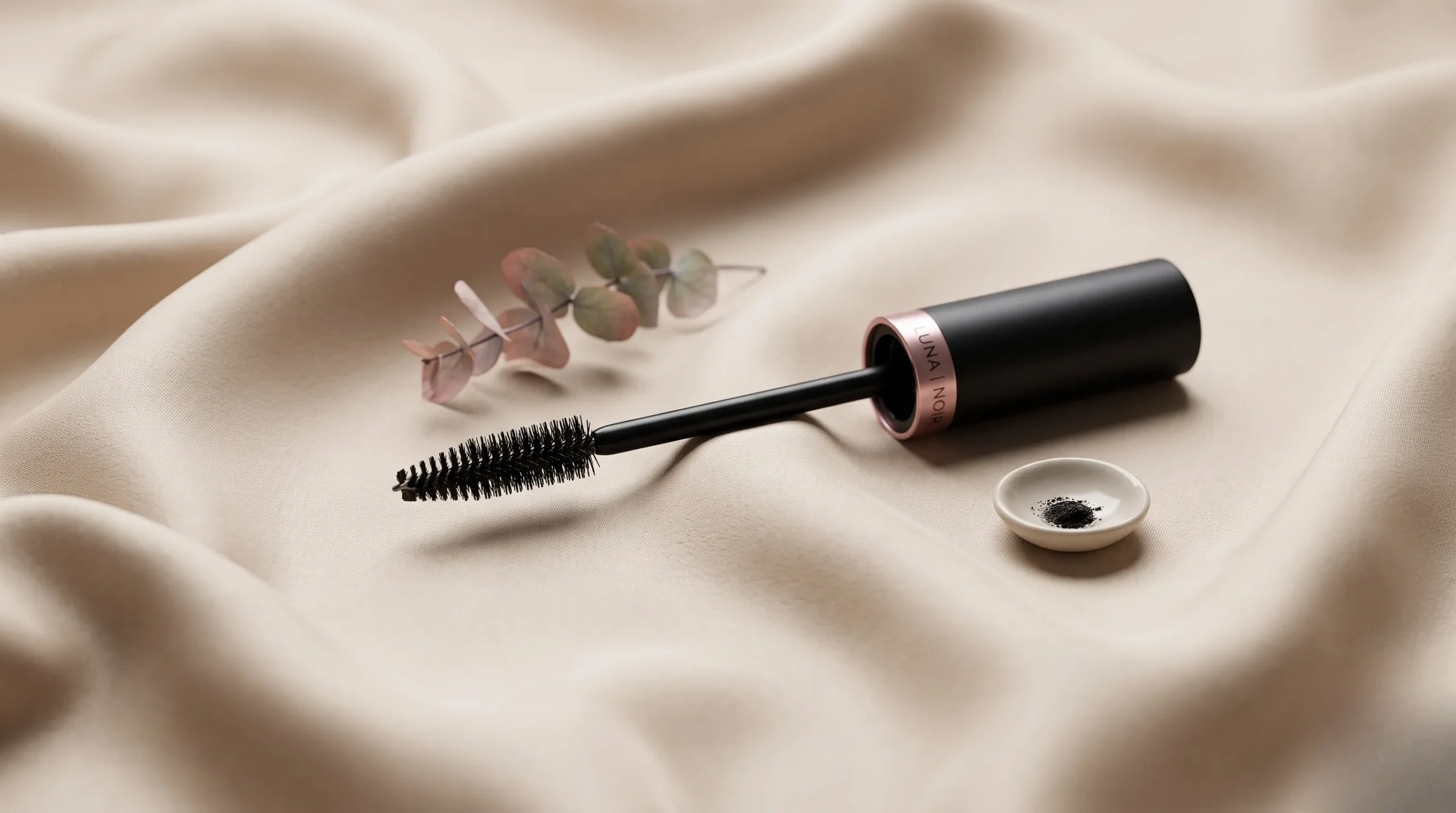 Mascara de luxe déposé sur de la soie beige dans un esprit minimaliste.