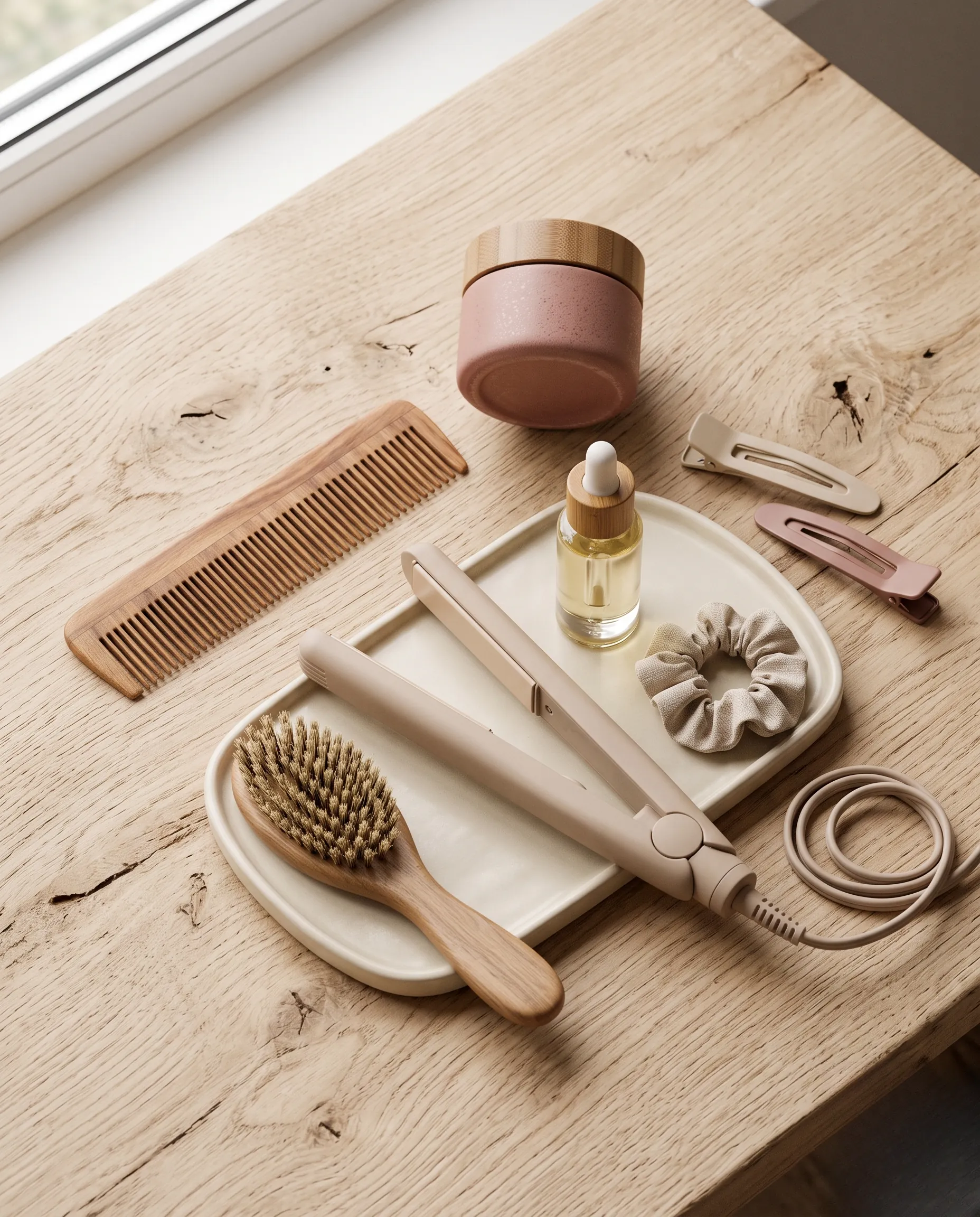 Vue de dessus d'accessoires de coiffure minimalistes sur fond de bois clair.