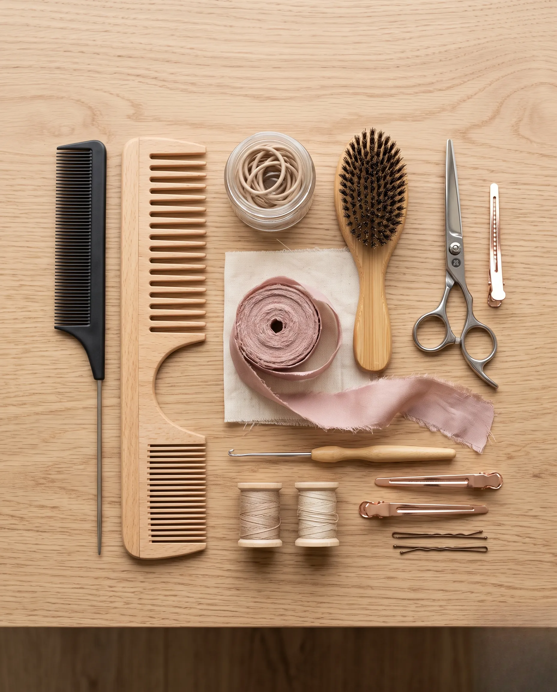 Vue de dessus d'accessoires de coiffure minimalistes pour tresses collées sur fond de bois clair