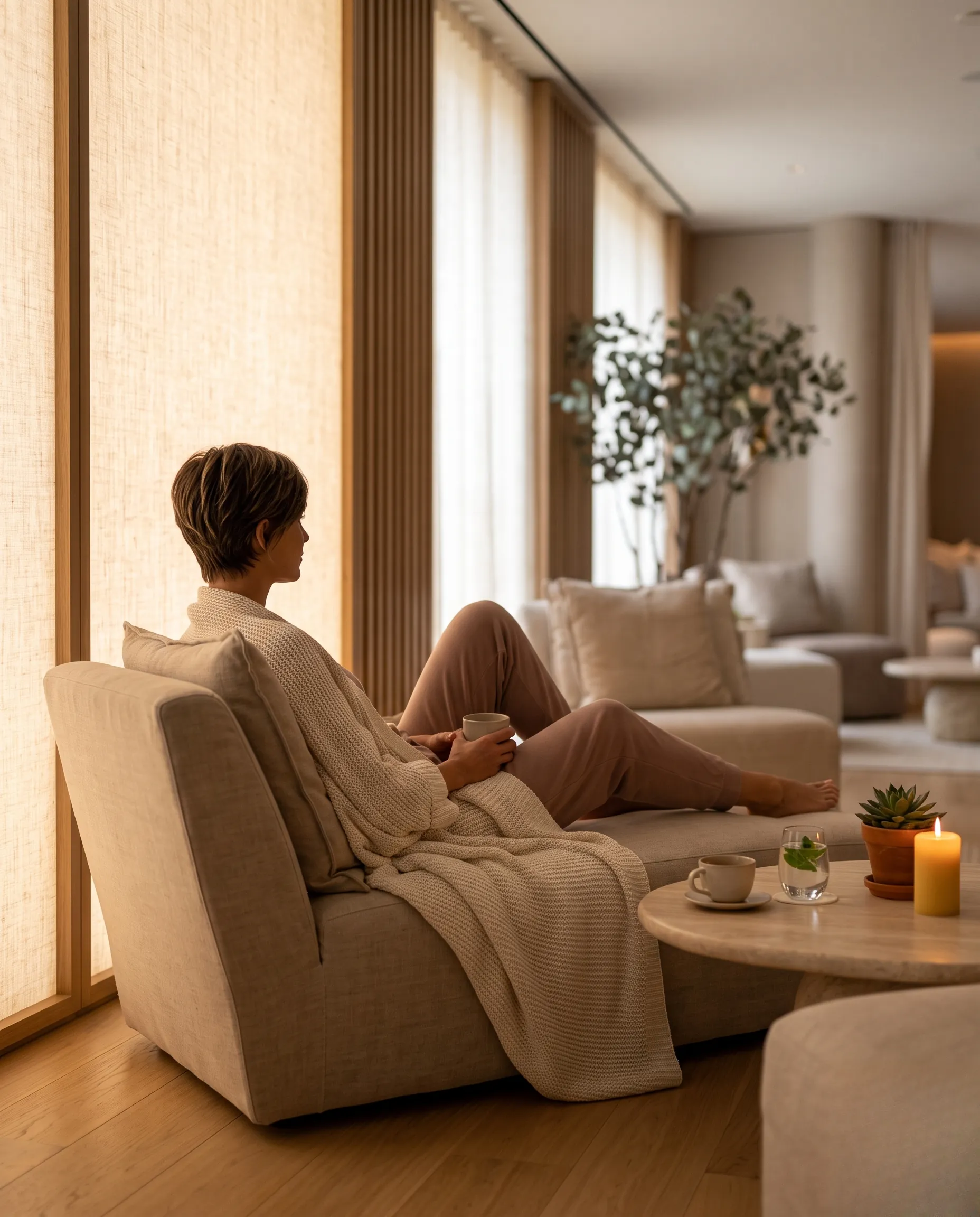 Ambiance spa de luxe avec une femme aux cheveux courts dégradés dans un décor épuré.