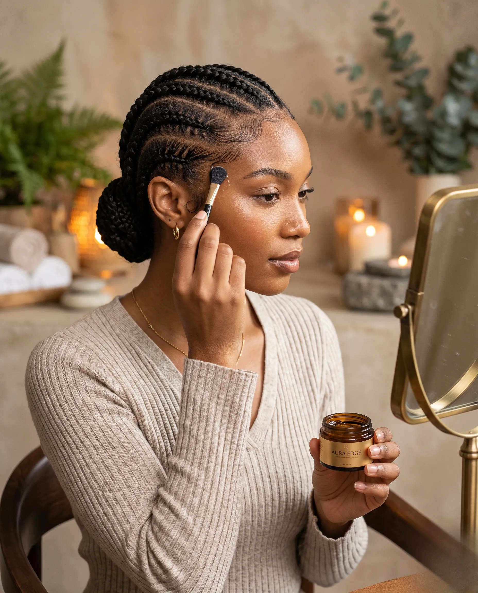 Femme appliquant délicatement du gel de finition pour des baby hairs parfaits avec sa coiffure tressée