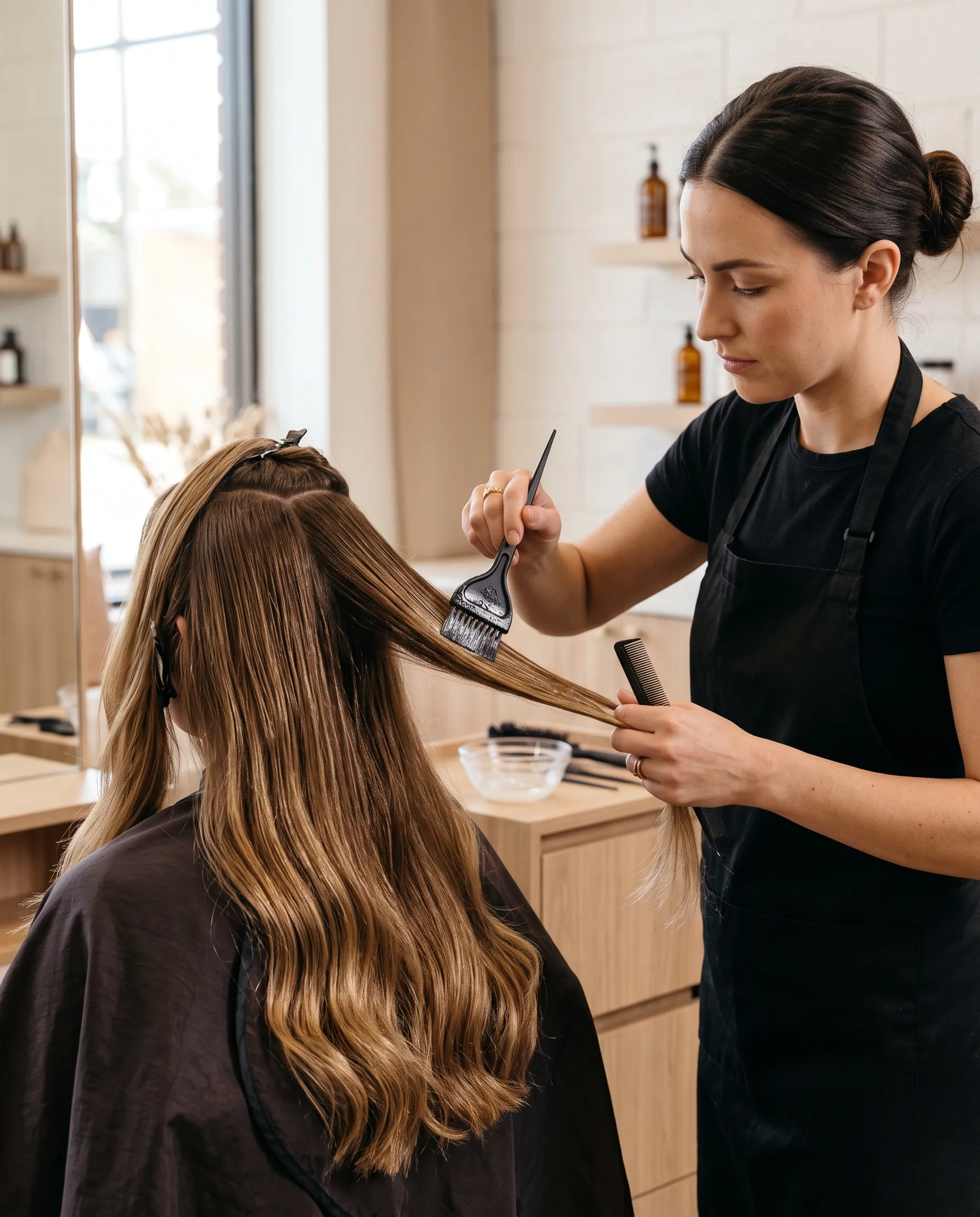 Application minutieuse d'une patine capillaire par un professionnel dans un salon de coiffure au design minimaliste et lumineux