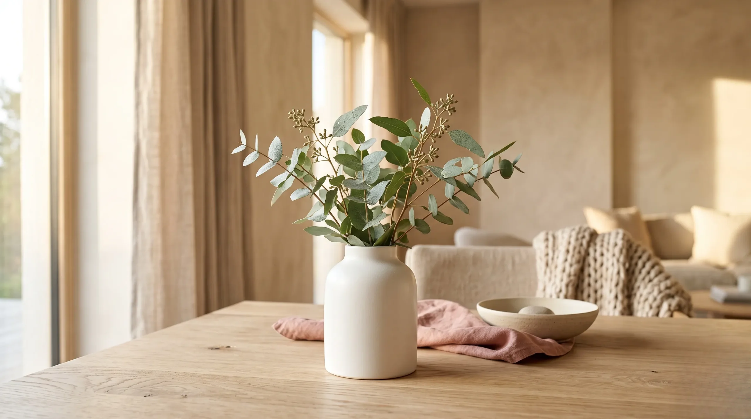 Vase blanc épuré avec branches d'eucalyptus sur table en bois clair, ambiance spa zen.