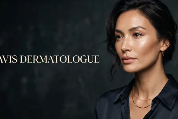Photographie éditoriale de mode sophistiquée avec un espace négatif et le titre Avis Dermatologue incrusté, pour un article sur le choix d'un expert en 2026.