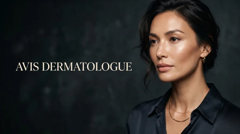 Photographie éditoriale de mode sophistiquée avec un espace négatif et le titre Avis Dermatologue incrusté, pour un article sur le choix d'un expert en 2026.