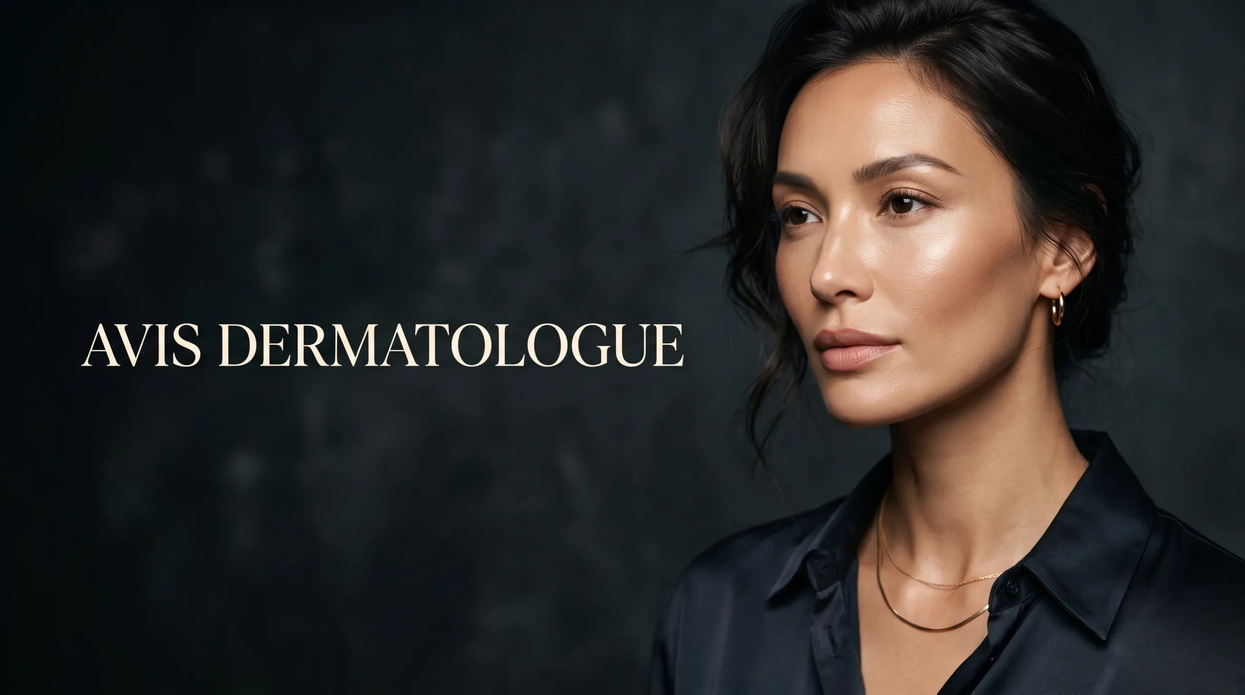 Photographie éditoriale de mode sophistiquée avec un espace négatif et le titre Avis Dermatologue incrusté, pour un article sur le choix d'un expert en 2026.