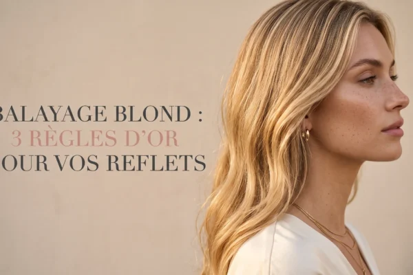 Mise en avant éditoriale d'un balayage blond lumineux avec typographie élégante sur fond neutre minimaliste.