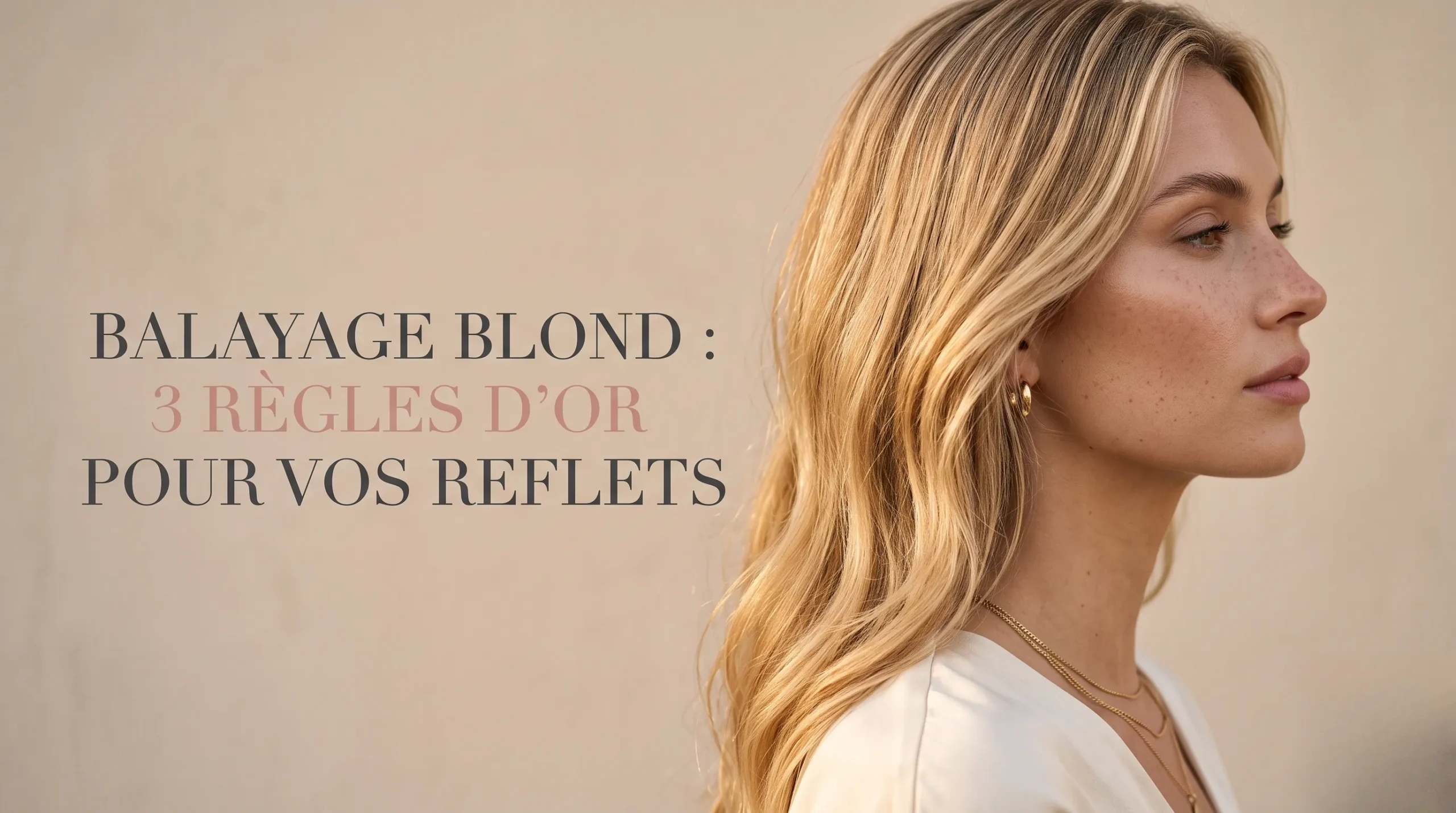 Mise en avant éditoriale d'un balayage blond lumineux avec typographie élégante sur fond neutre minimaliste.