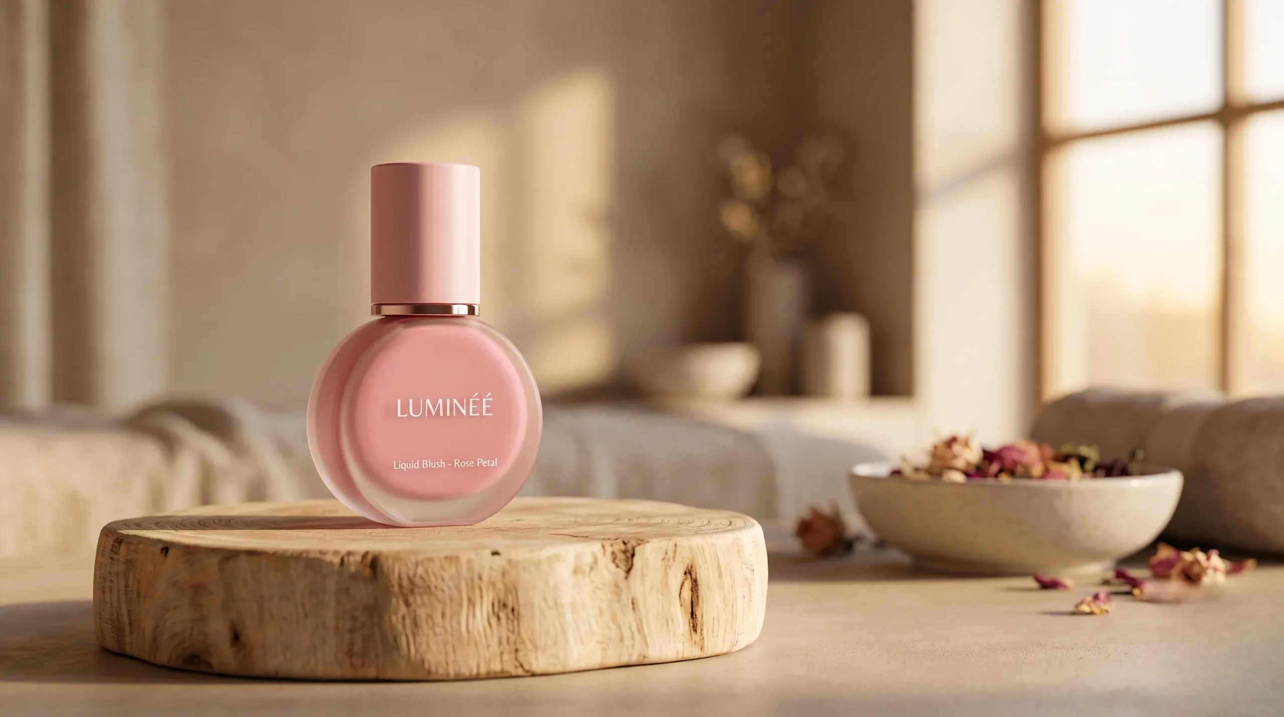 Flacon de blush liquide rose sur podium en bois clair, ambiance spa minimaliste.