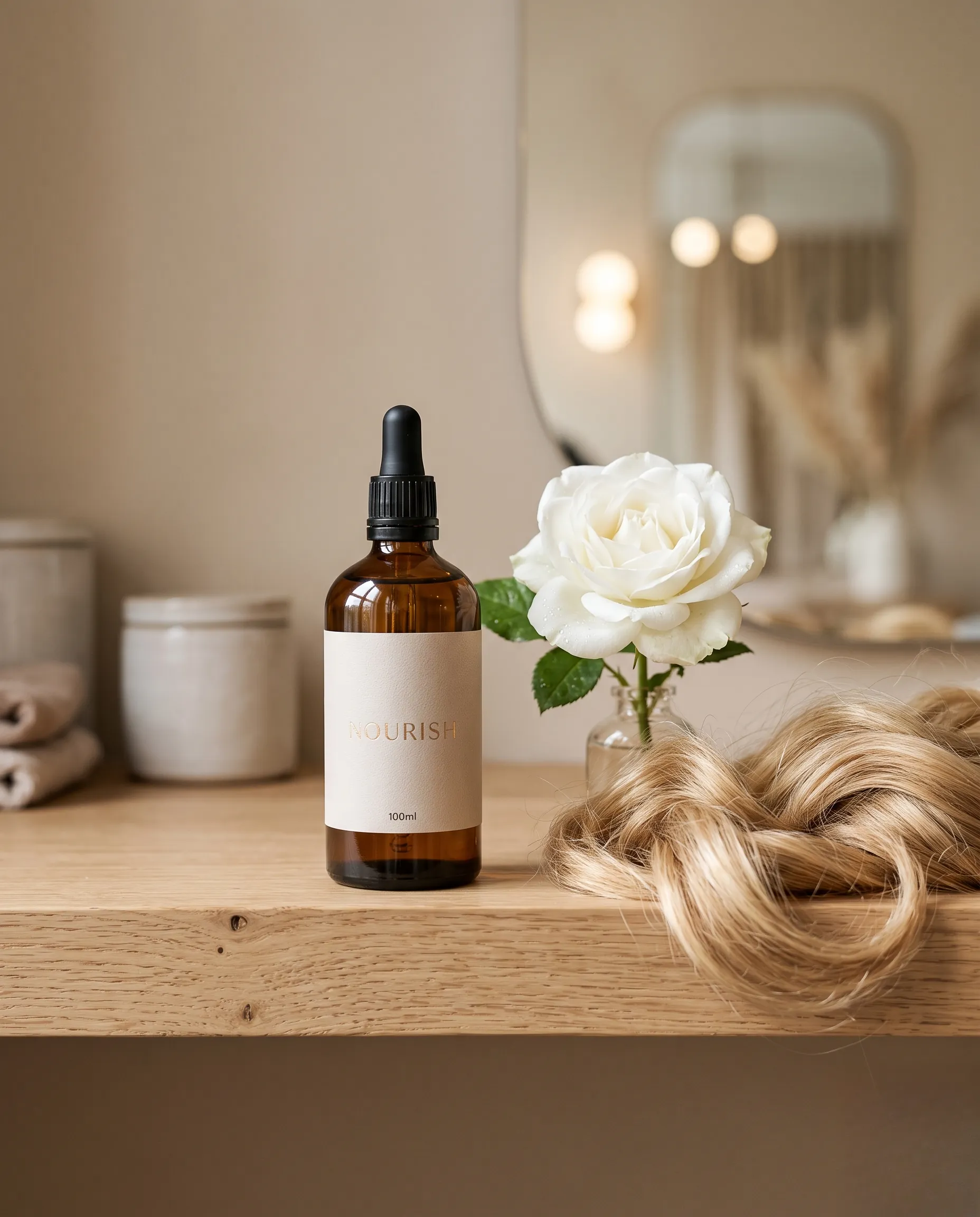Flacon de soin capillaire de luxe disposé sur une étagère en bois clair avec des mèches blondes.