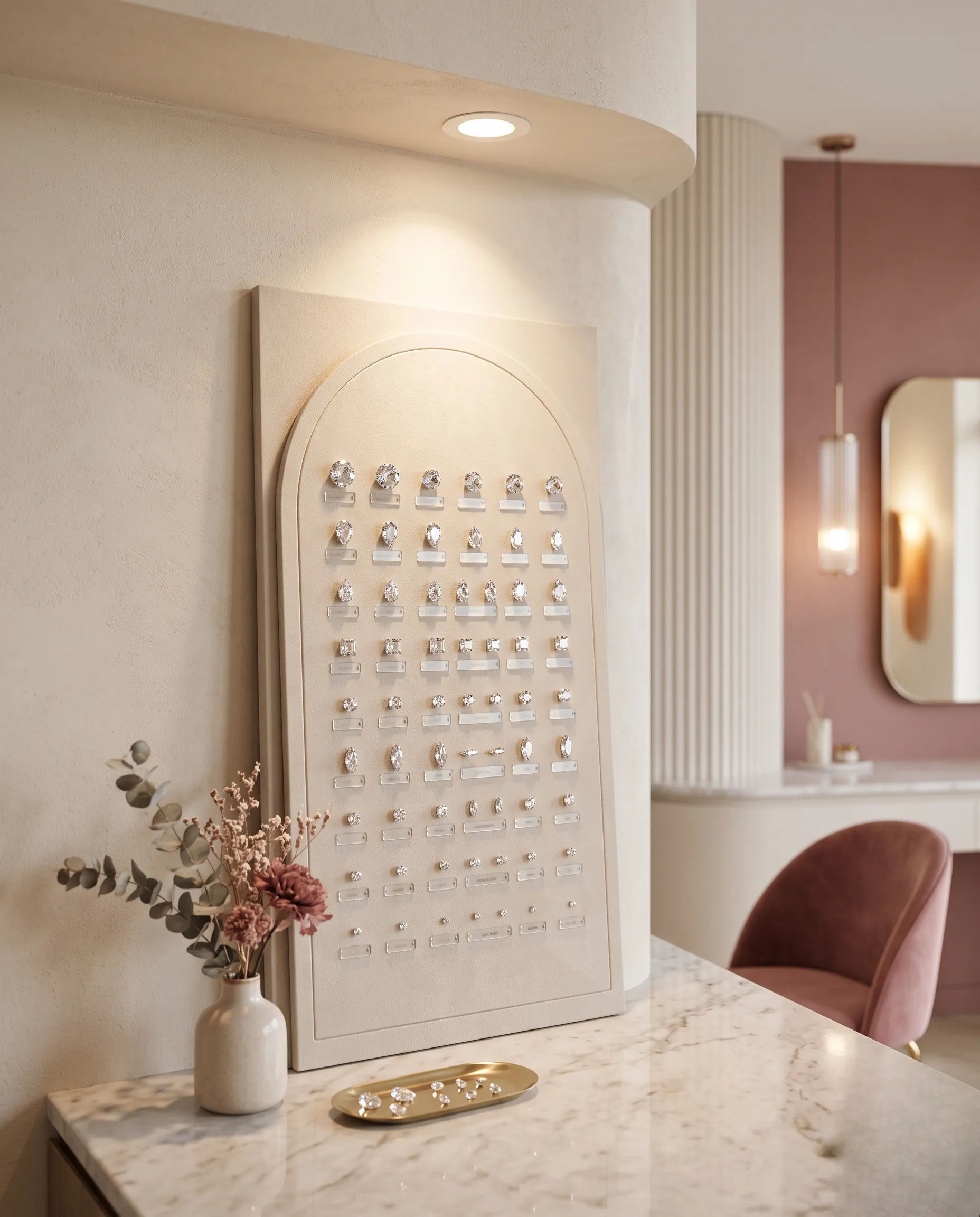Ambiance épurée d'un institut de beauté haut de gamme présentant des échantillons de cristaux Swarovski pour les dents.