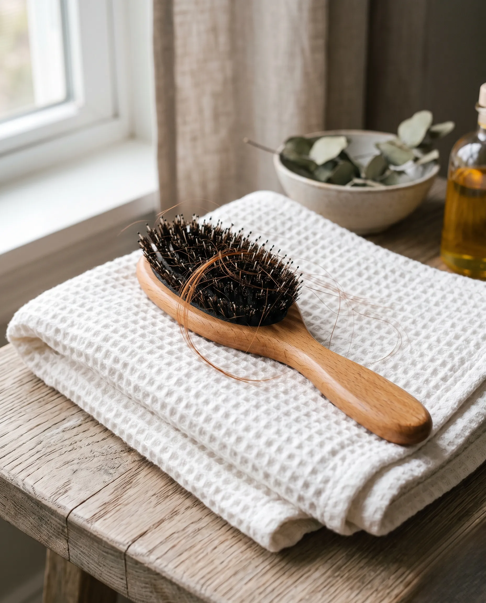 Détail d'une brosse à cheveux en bois posée sur du linge de maison blanc et moelleux, ambiance spa zen.