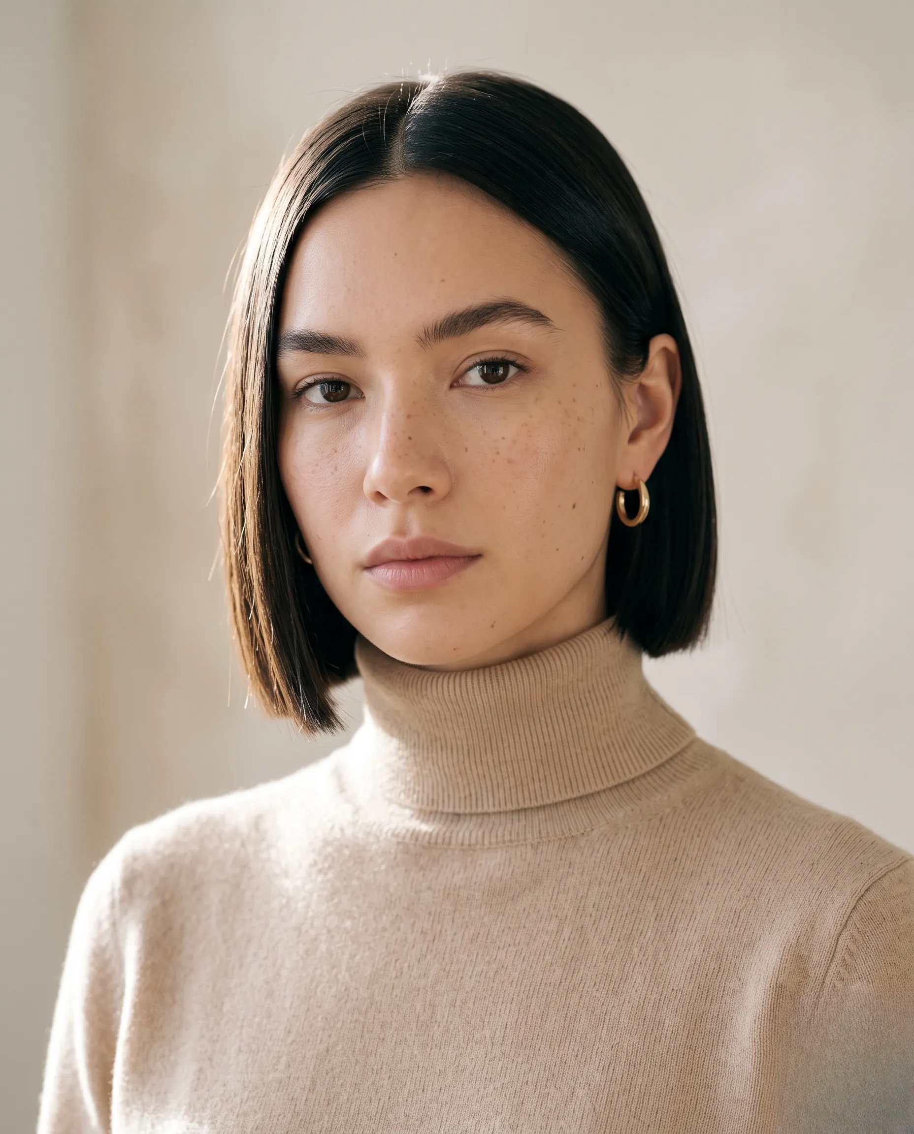 Jeune femme avec un carré plongeant net et minimaliste dans une esthétique clean girl aux tons beiges.