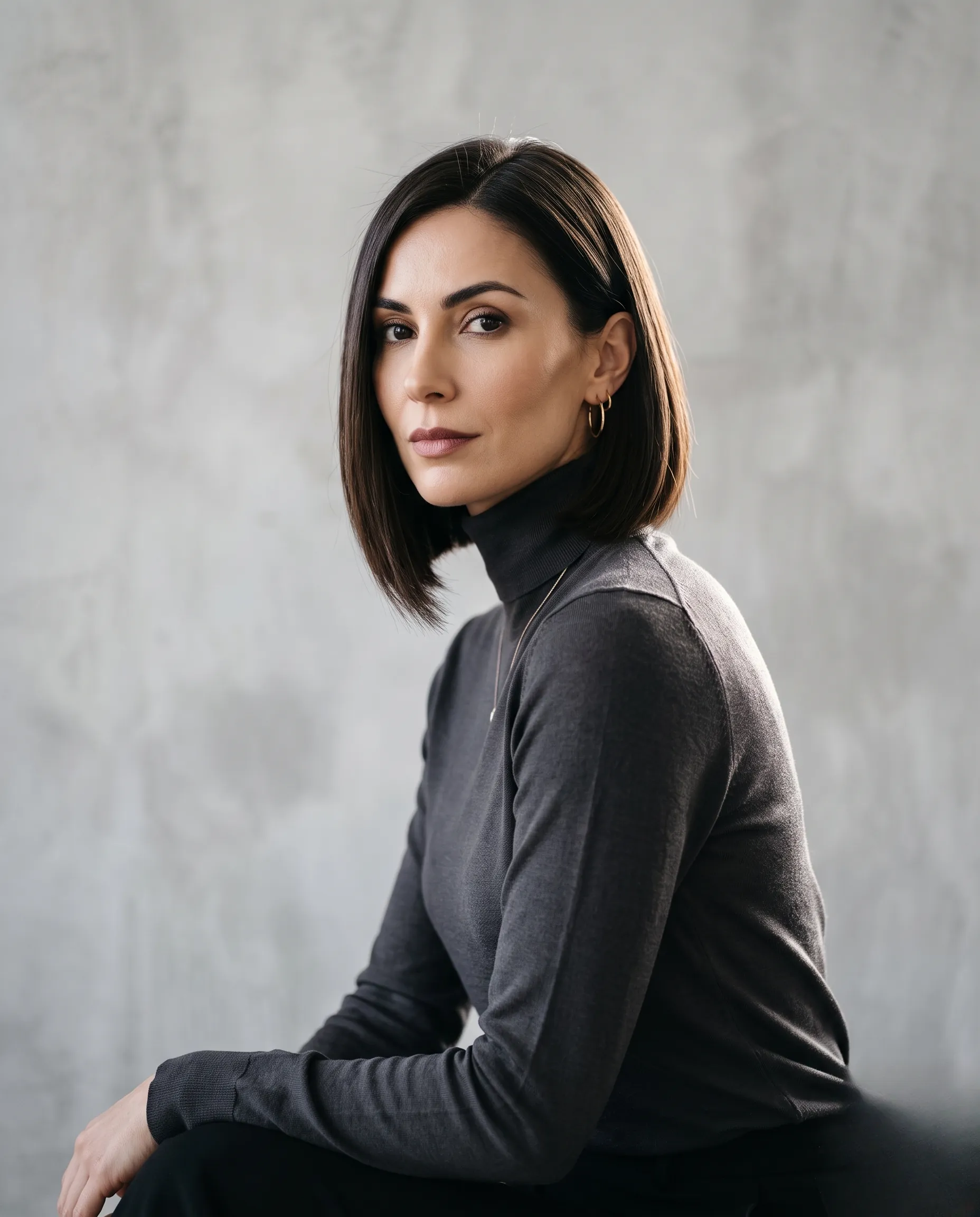 Style chic et décontracté pour une femme portant un carré plongeant avec un mouvement naturel et élégant.