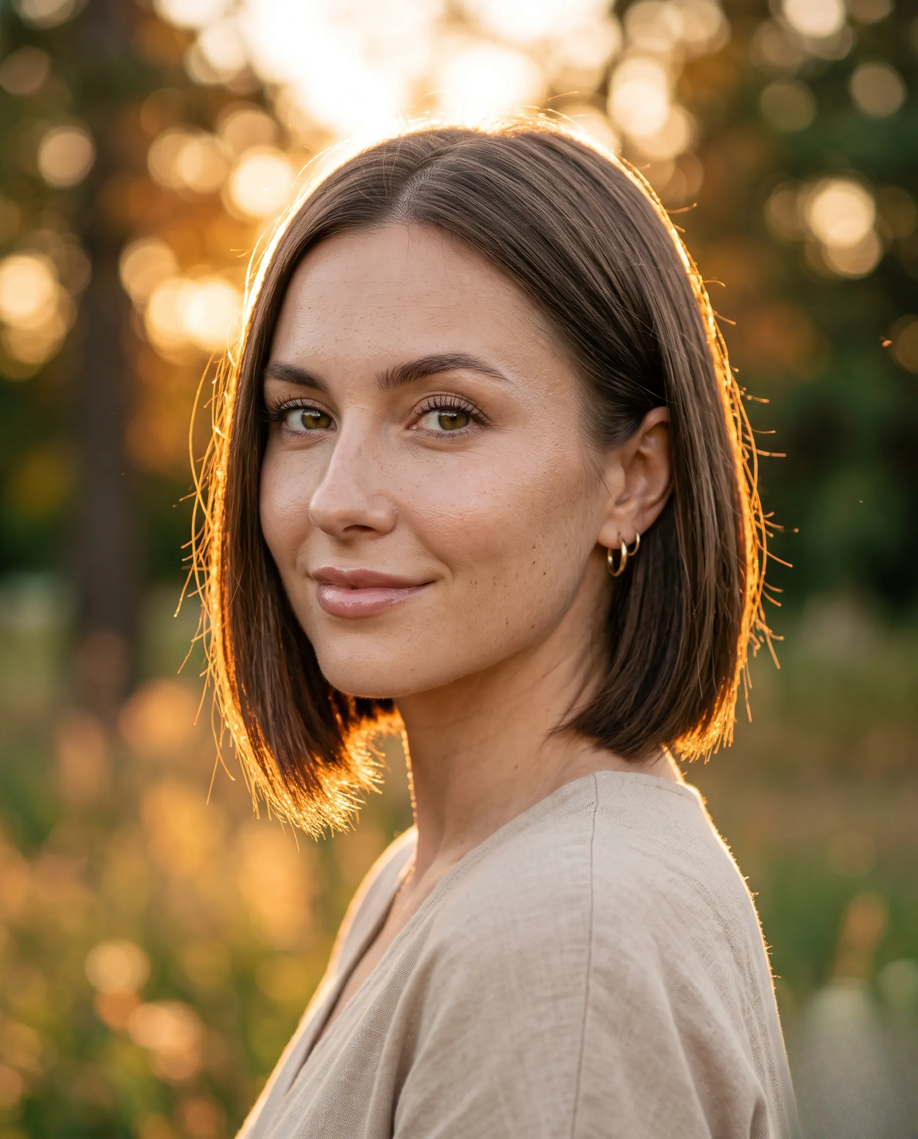 Portrait d'une femme avec un carré plongeant brun brillant sous une lumière dorée capturant la texture soyeuse des cheveux.