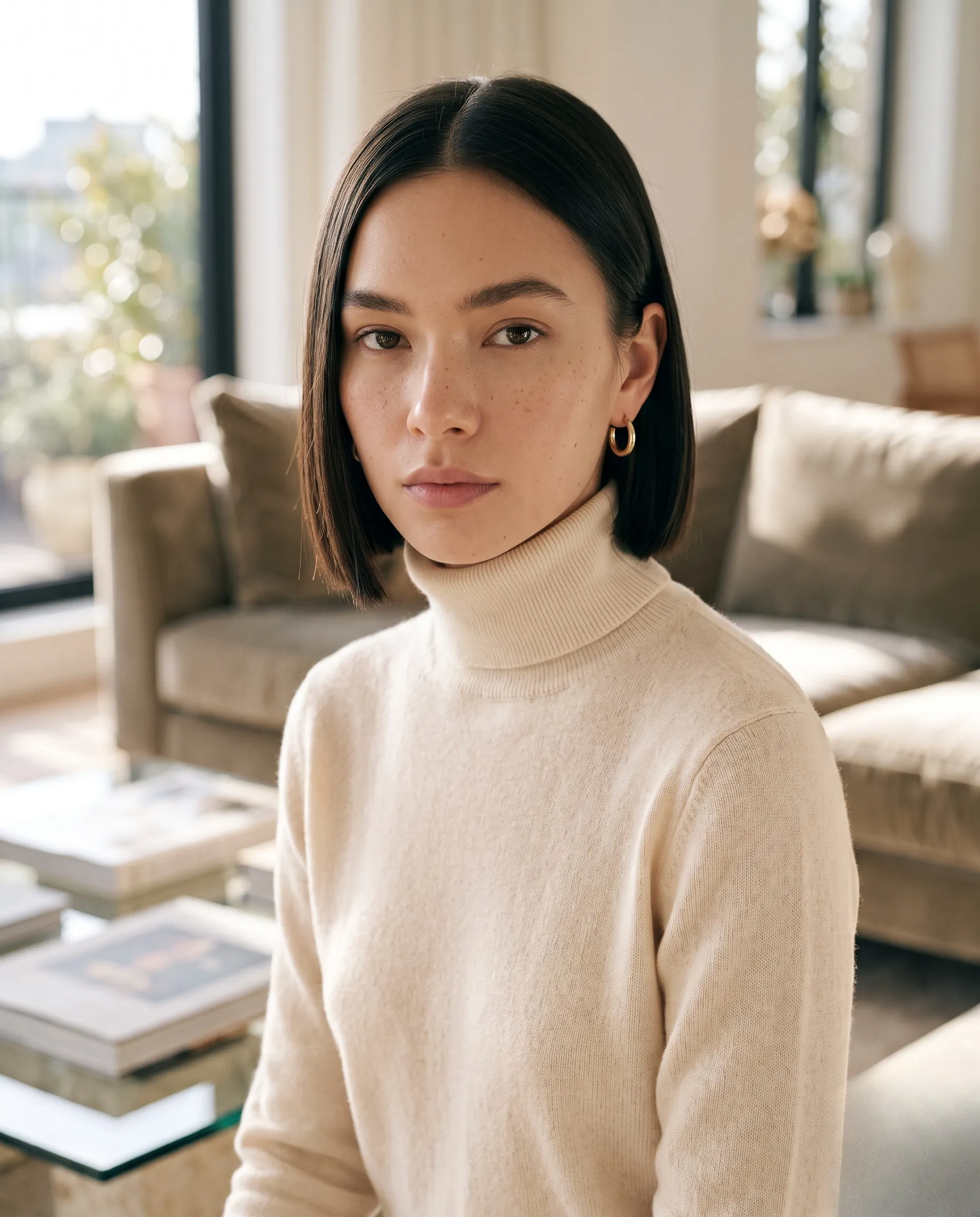 Femme stylée avec une coupe au carré plongeant portant un pull en cachemire, incarnant l'élégance urbaine.