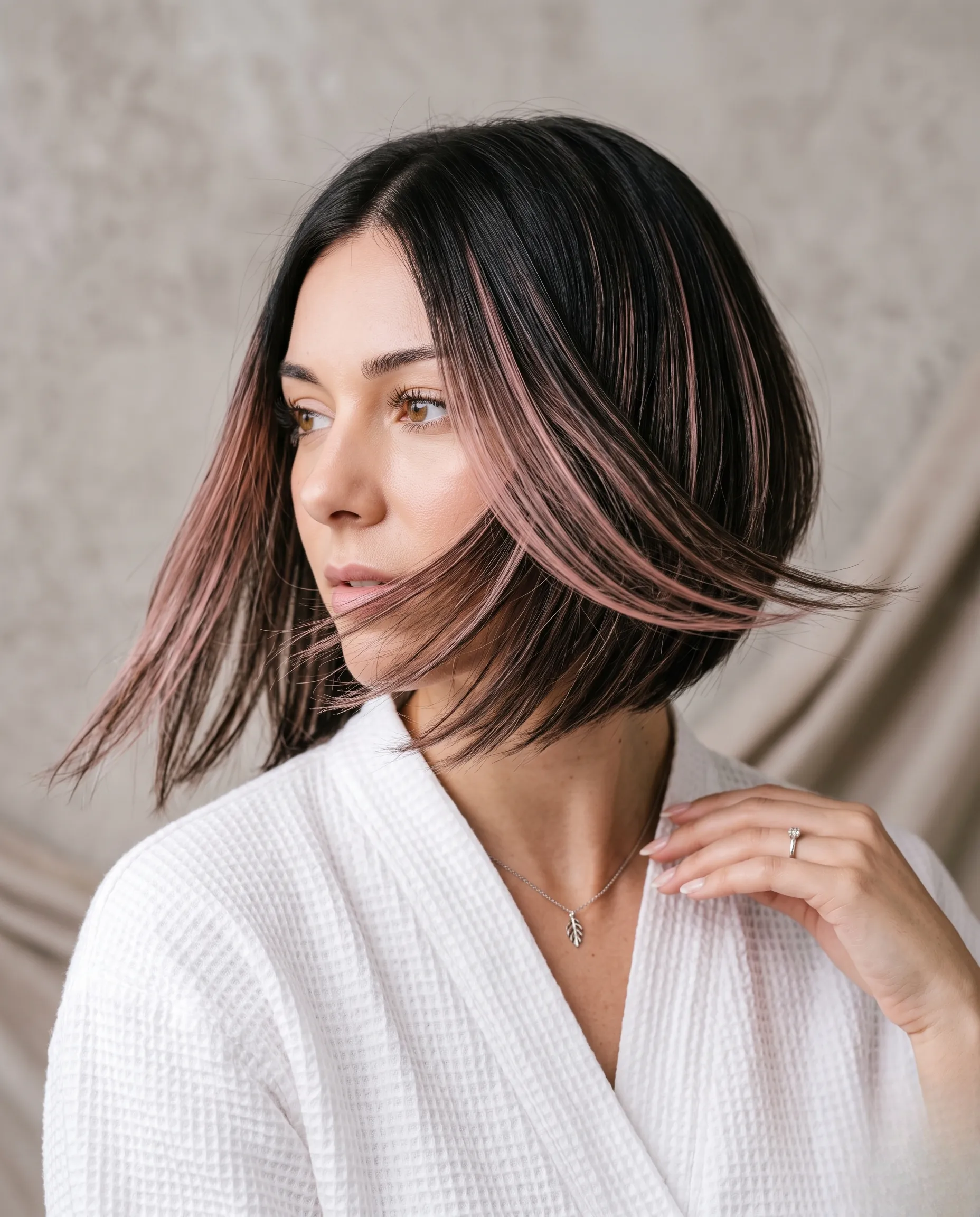 Mouvement aérien capturé sur une coupe au carré plongeant, illustrant la légèreté et la précision de la coiffure.