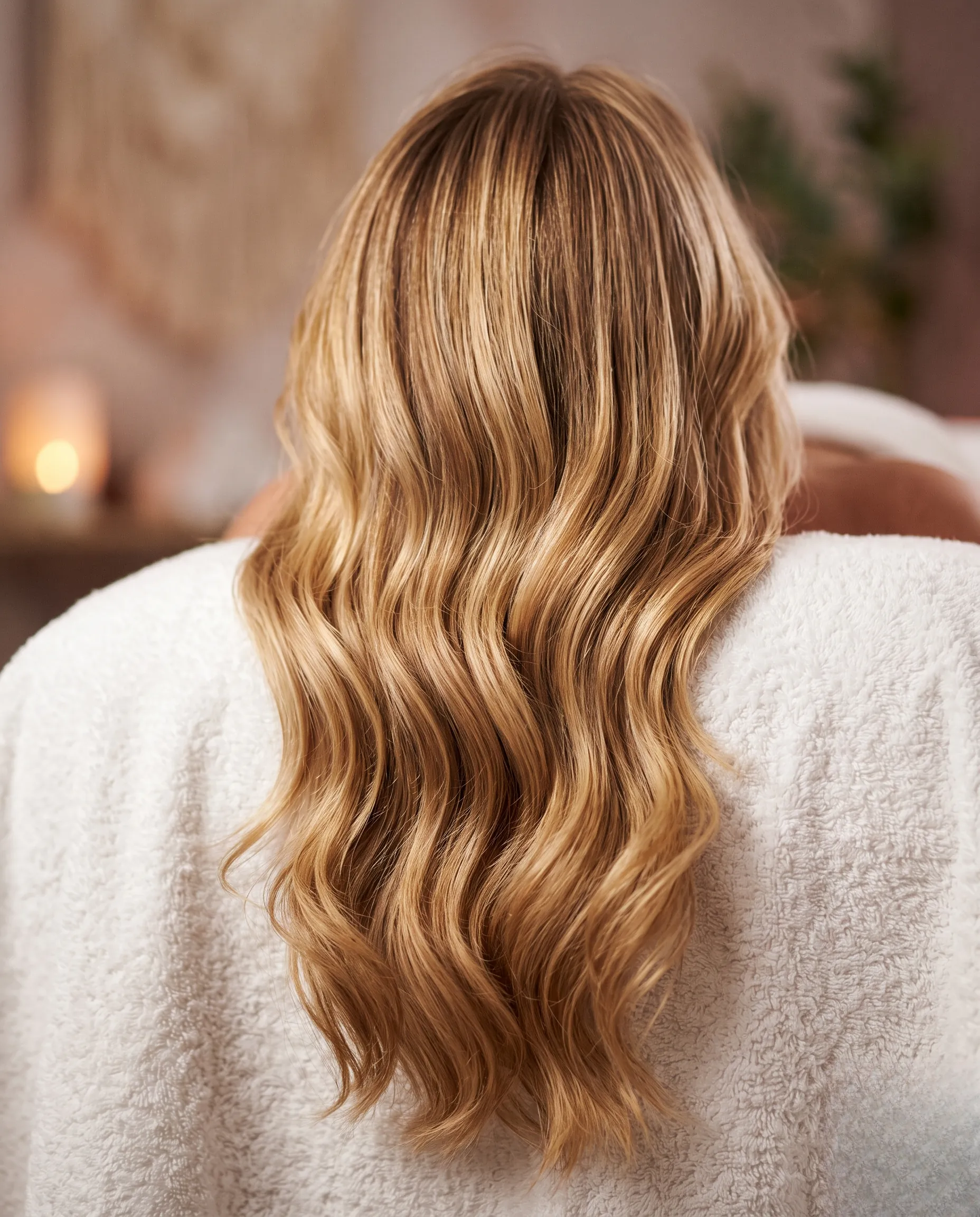 Vue rapprochée de dos mettant en valeur la cascade de cheveux blonds balayés sur fond blanc épuré.
