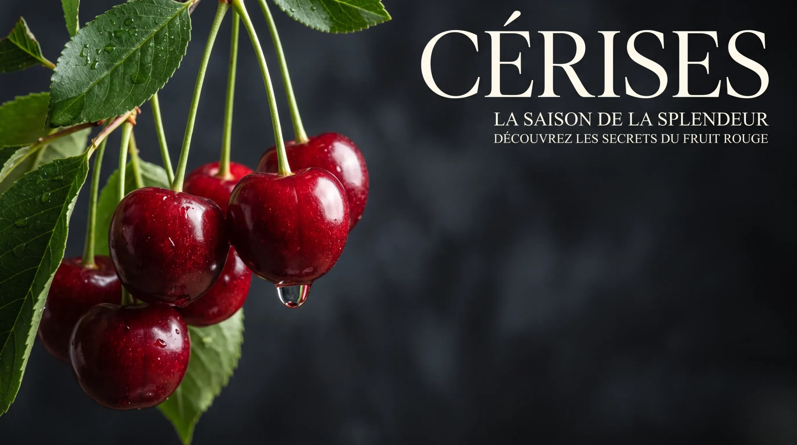 Photographie éditoriale de cerises brillantes sous un éclairage studio dramatique avec espace négatif.